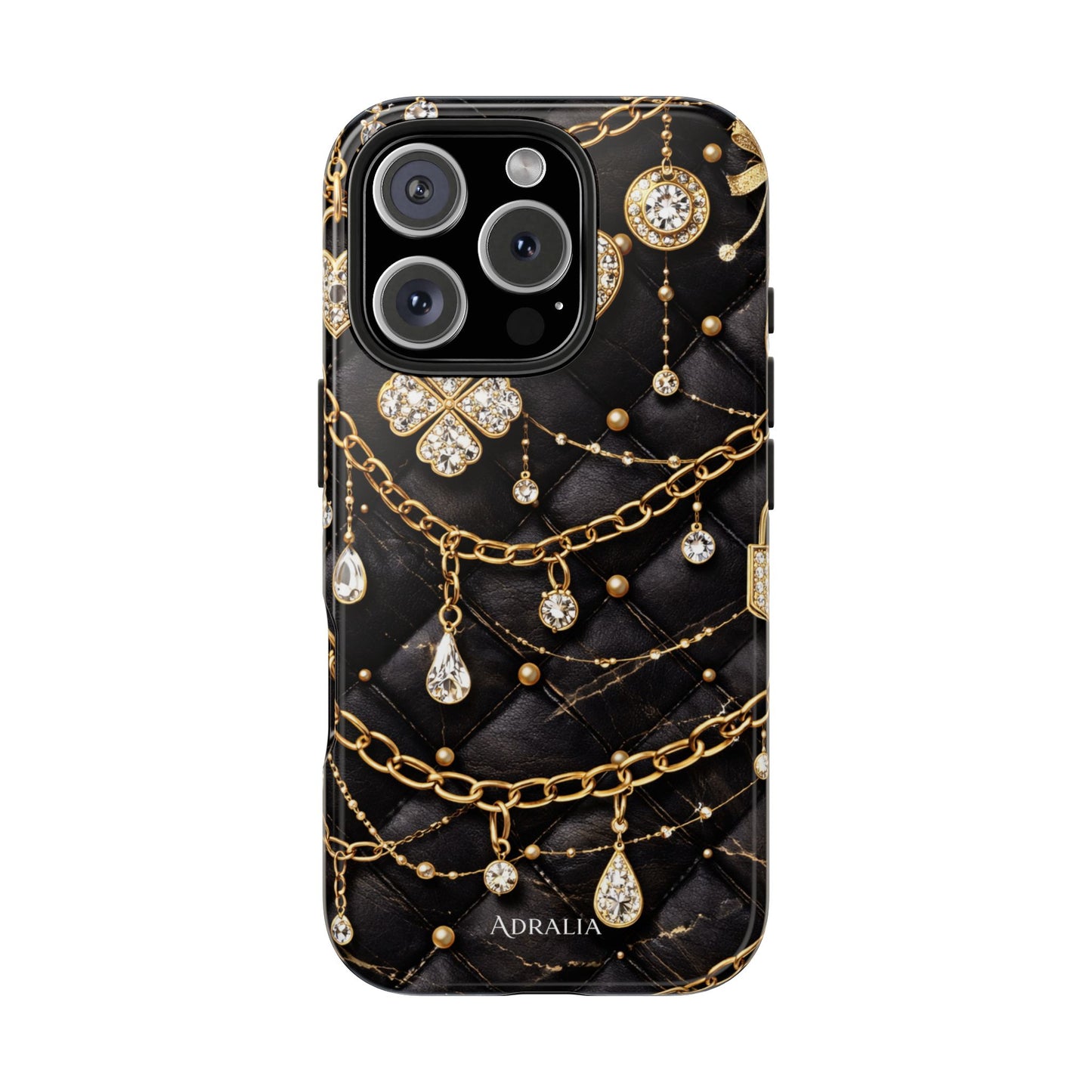 Quilted Black Luxe Phone Case — Gold Chain & Jewel Charm Design
