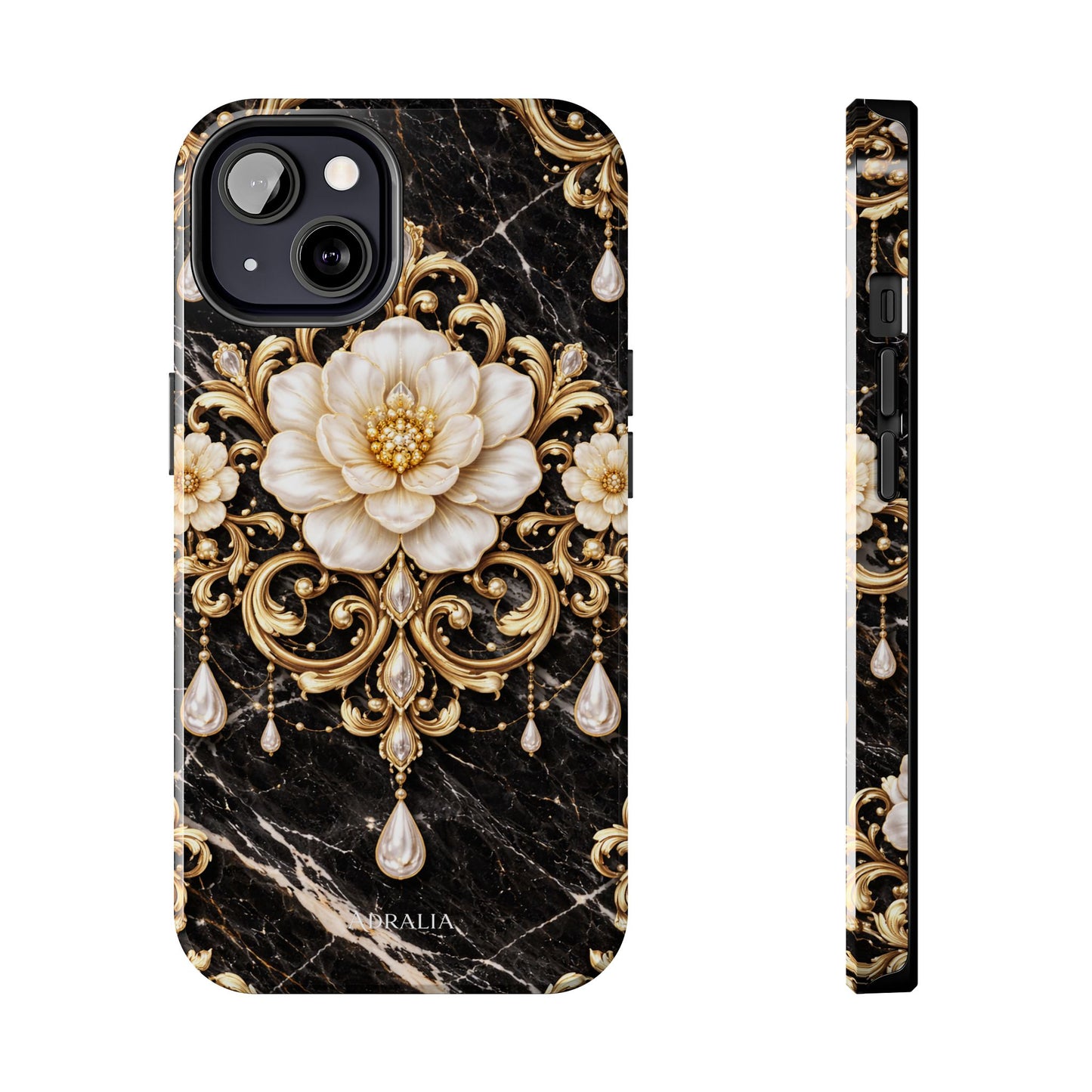 Phone Case — Black Marble Floral Baroque Tough Protective Cover