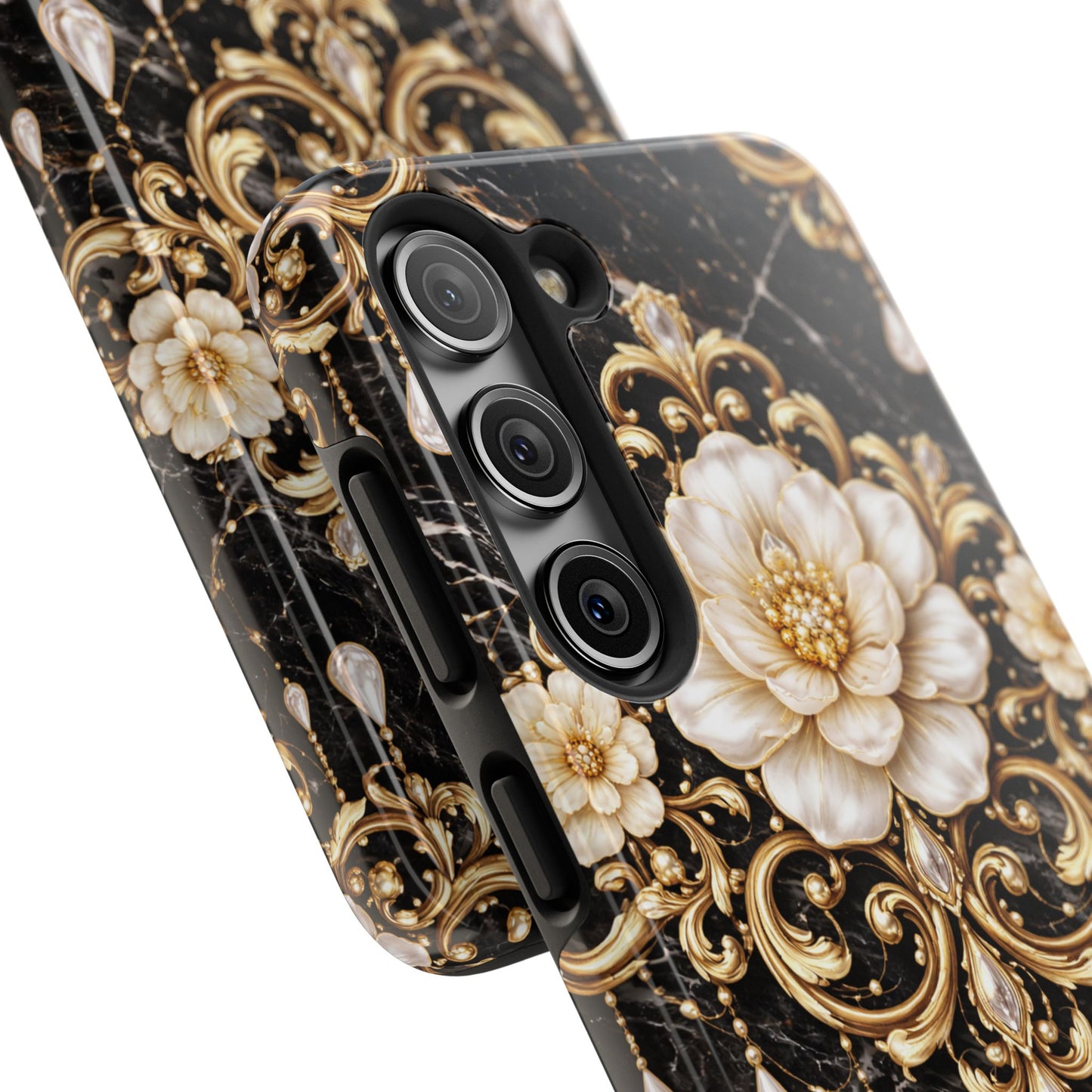 Phone Case — Black Marble Floral Baroque Tough Protective Cover