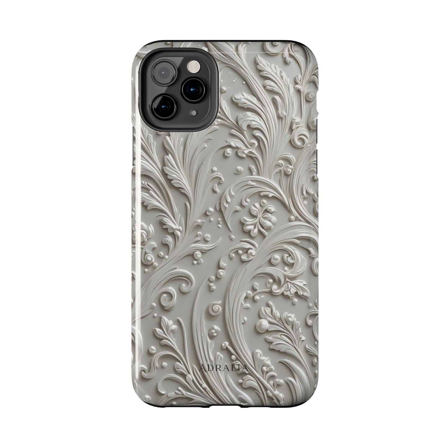 Ornate Baroque Relief Tough Phone Case — Gray Floral Scroll Protective Cover
