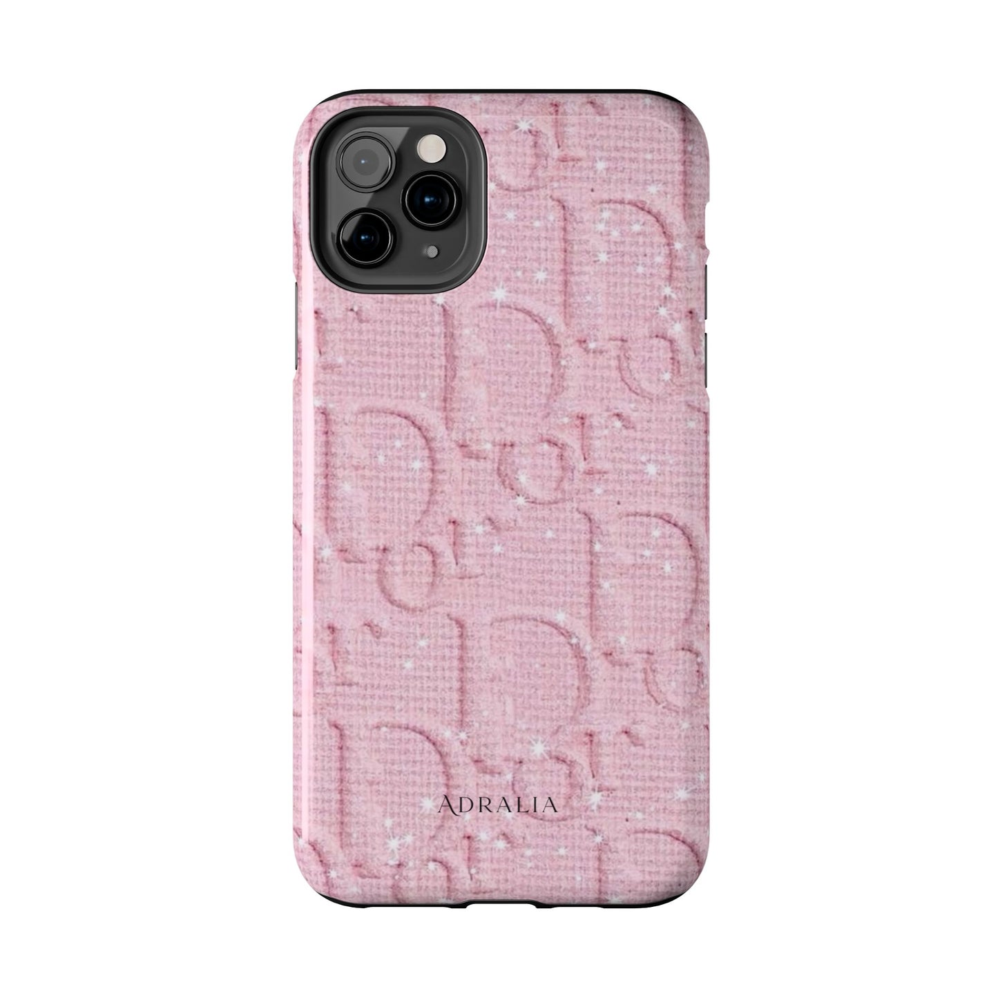 Pink Embossed Tough Phone Case – 'Adralia' Glitter Monogram Protective Cover