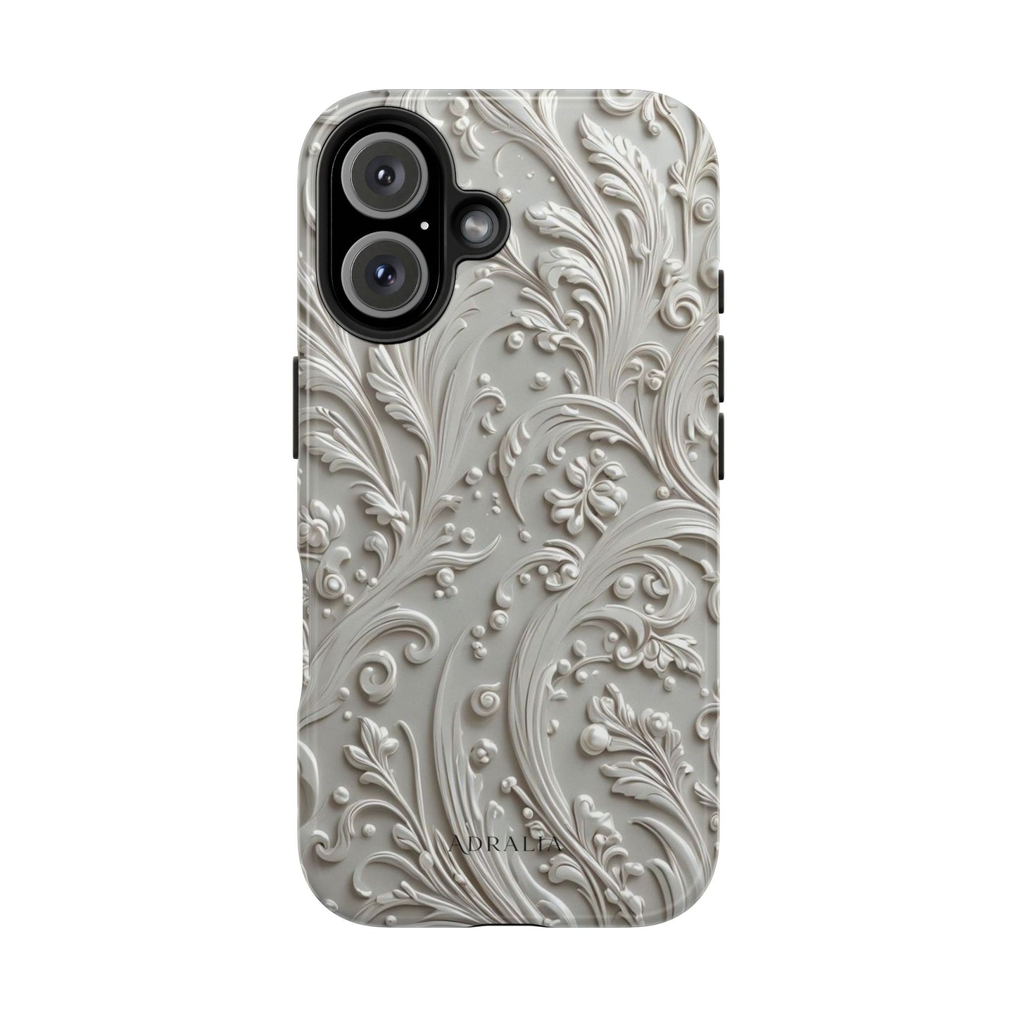 Ornate Baroque Relief Tough Phone Case — Gray Floral Scroll Protective Cover
