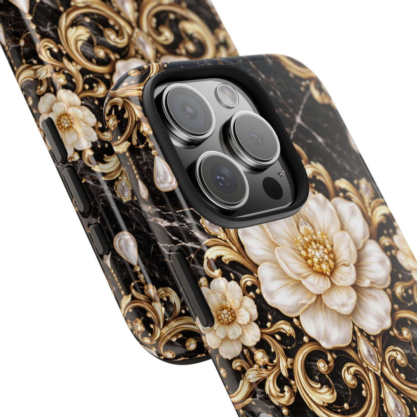 Phone Case — Black Marble Floral Baroque Tough Protective Cover
