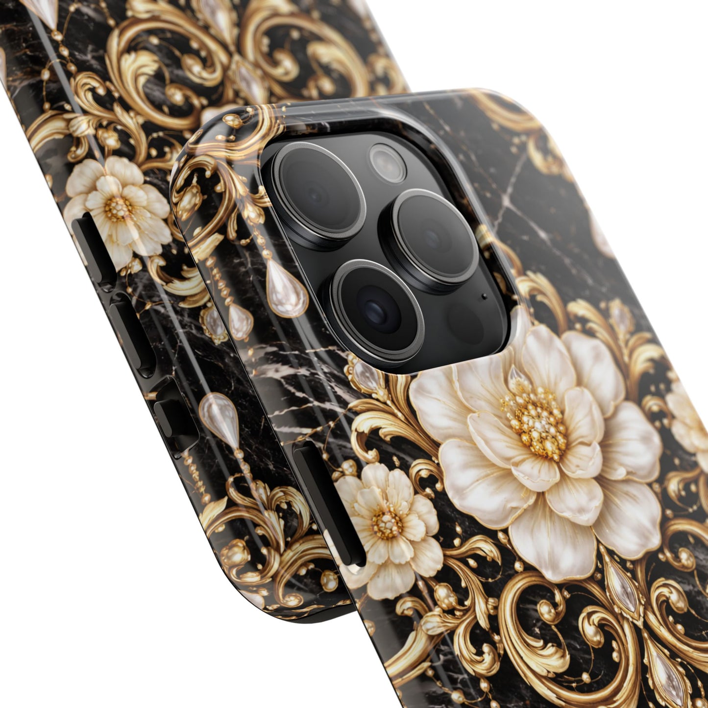 Phone Case — Black Marble Floral Baroque Tough Protective Cover