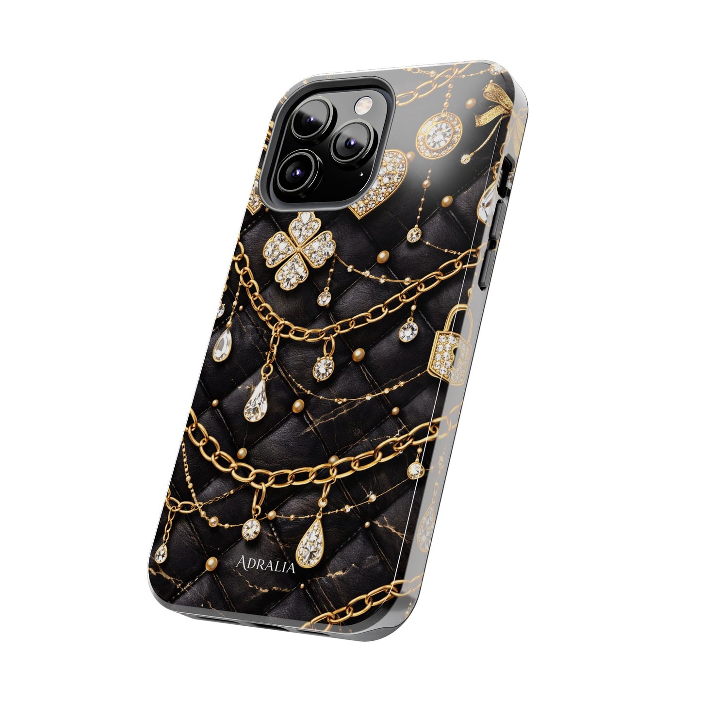 Quilted Black Luxe Phone Case — Gold Chain & Jewel Charm Design