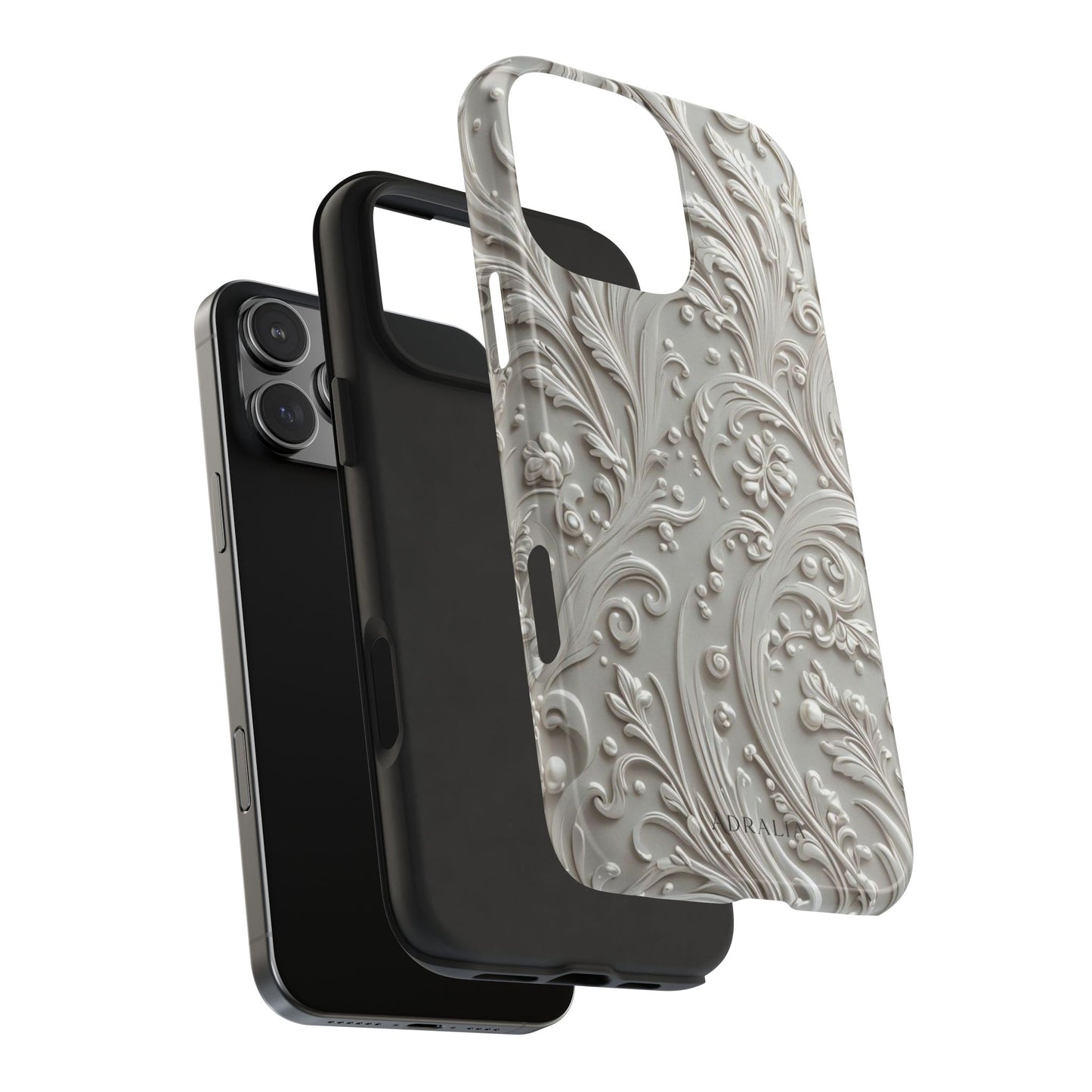 Ornate Baroque Relief Tough Phone Case — Gray Floral Scroll Protective Cover