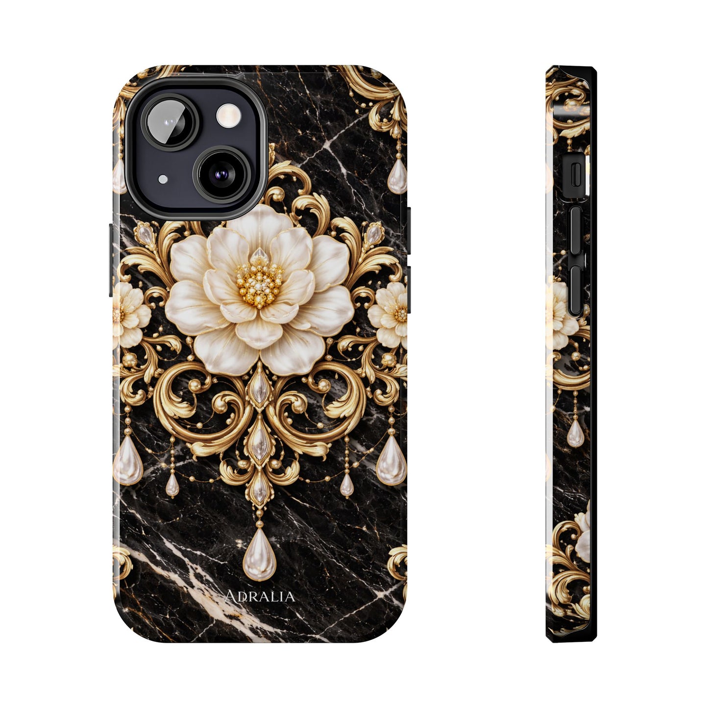 Phone Case — Black Marble Floral Baroque Tough Protective Cover