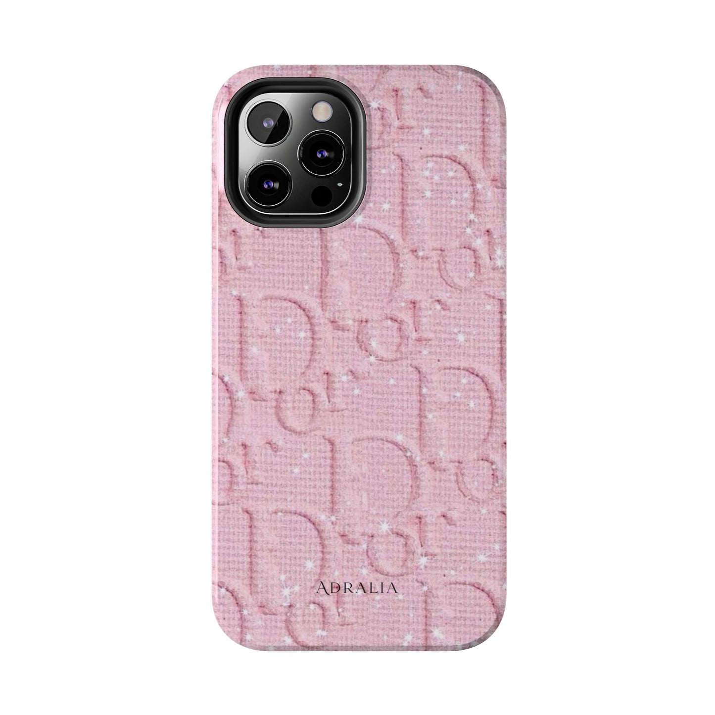 Pink Embossed Tough Phone Case – 'Adralia' Glitter Monogram Protective Cover