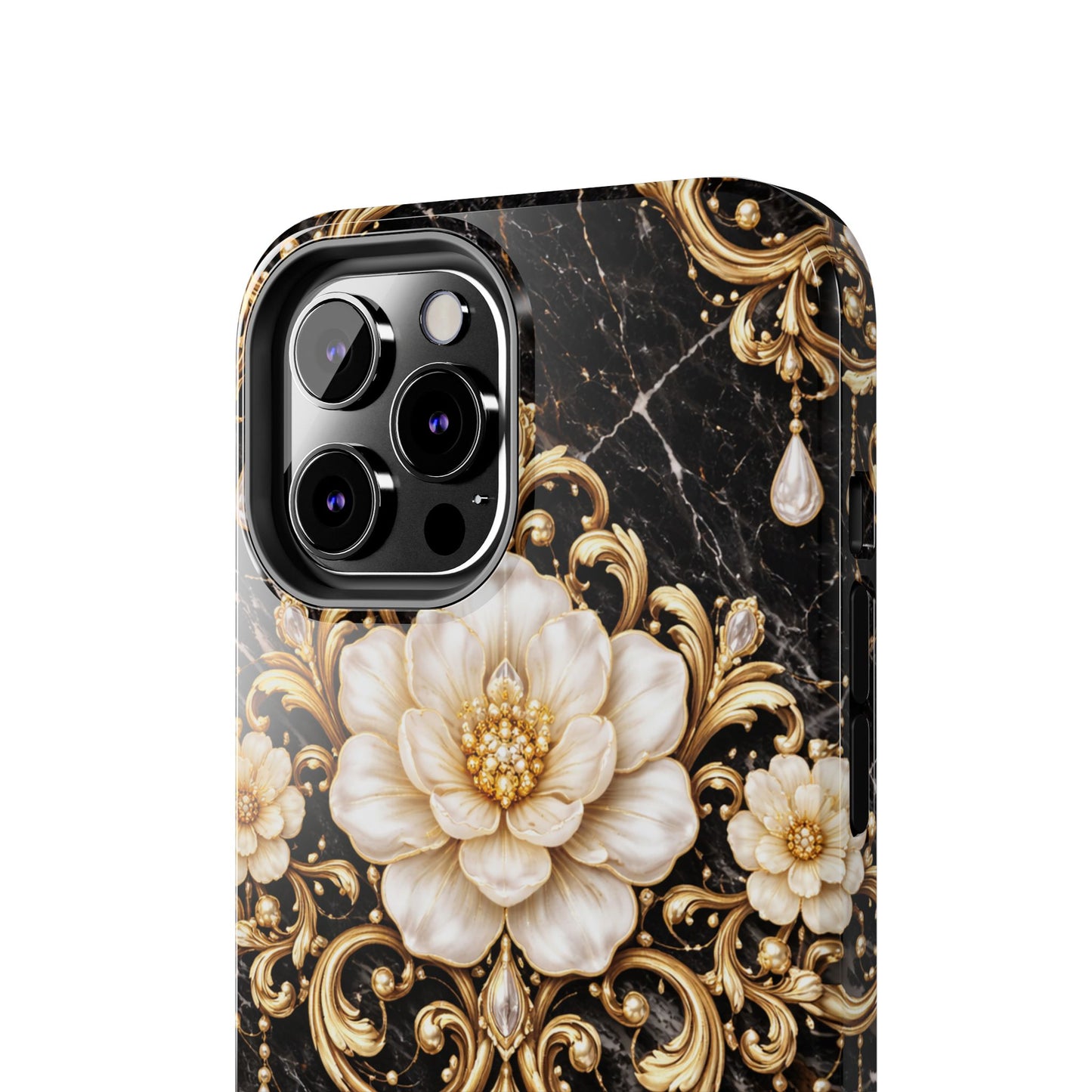 Phone Case — Black Marble Floral Baroque Tough Protective Cover