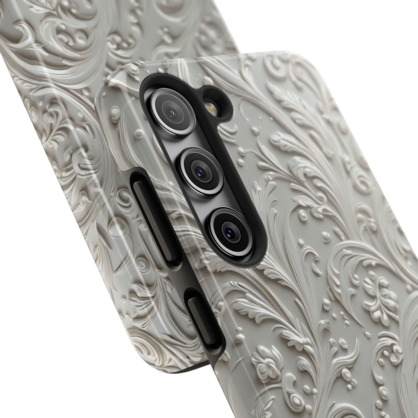 Ornate Baroque Relief Tough Phone Case — Gray Floral Scroll Protective Cover