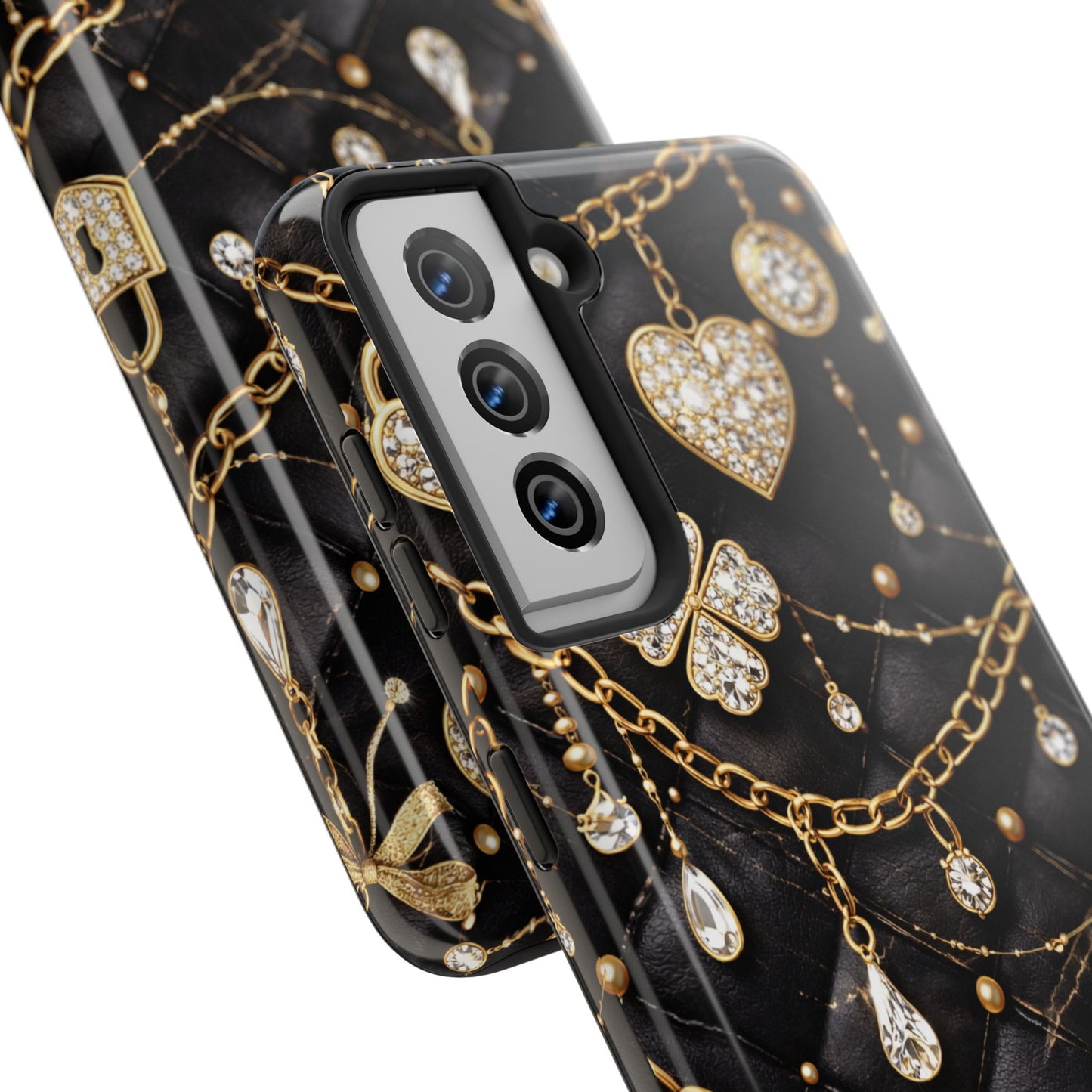 Quilted Black Luxe Phone Case — Gold Chain & Jewel Charm Design