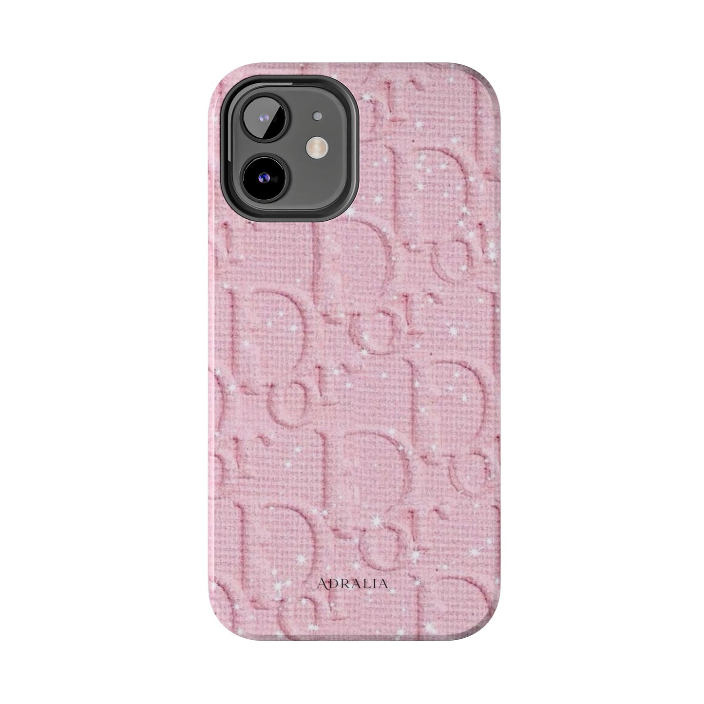 Pink Embossed Tough Phone Case – 'Adralia' Glitter Monogram Protective Cover