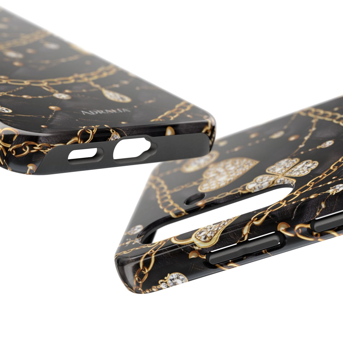 Quilted Black Luxe Phone Case — Gold Chain & Jewel Charm Design