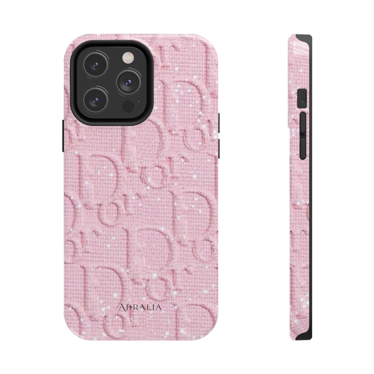 Pink Embossed Tough Phone Case – 'Adralia' Glitter Monogram Protective Cover