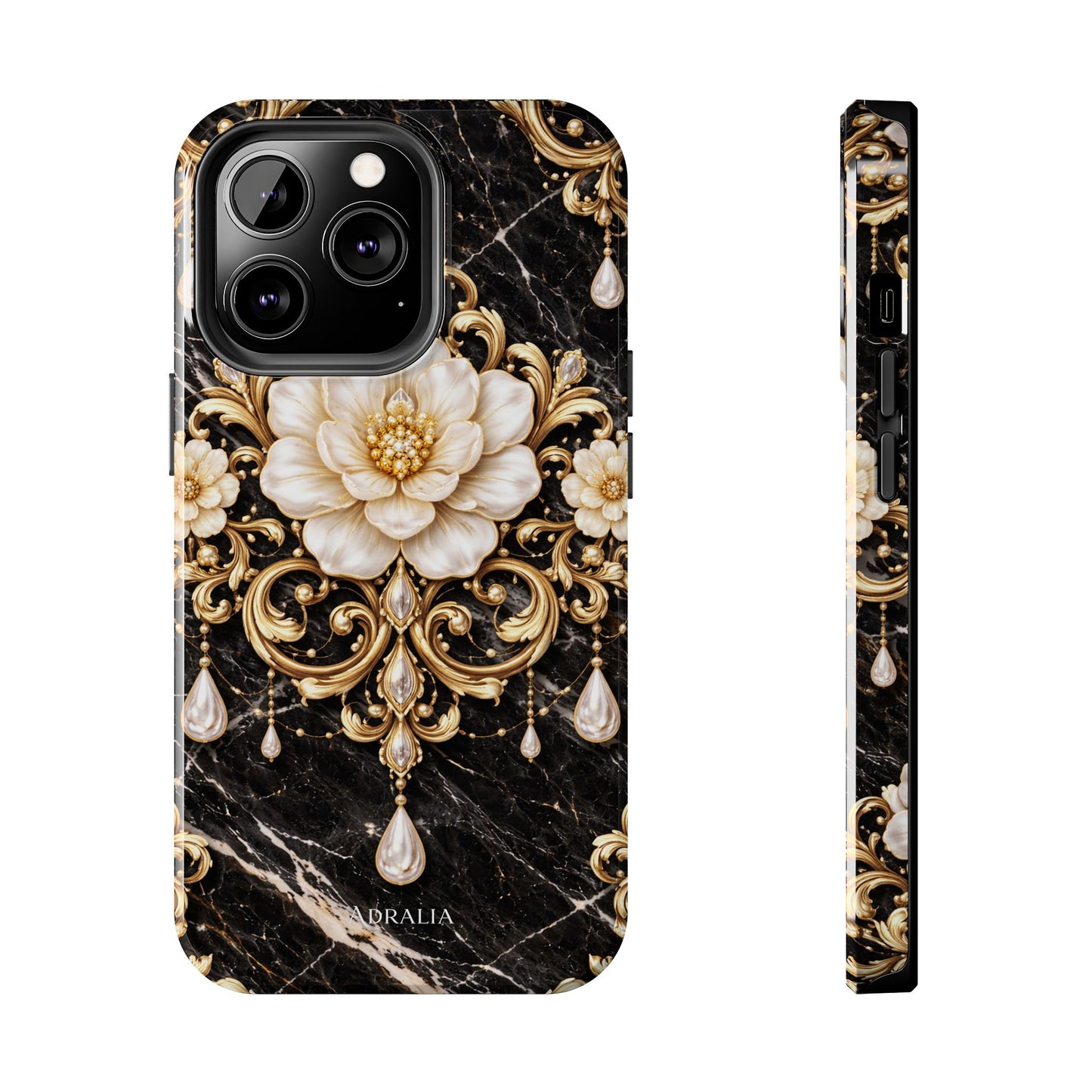 Phone Case — Black Marble Floral Baroque Tough Protective Cover