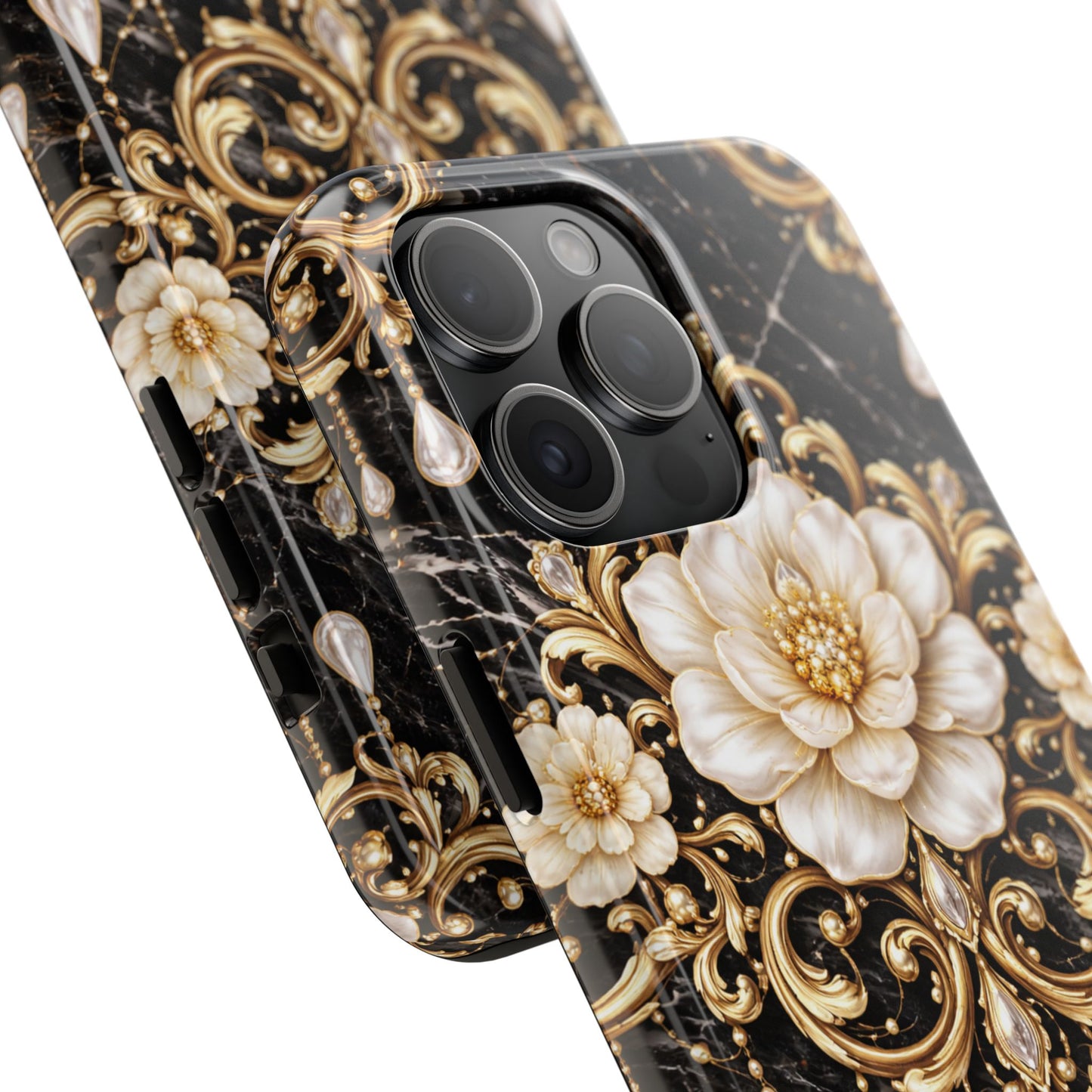 Phone Case — Black Marble Floral Baroque Tough Protective Cover