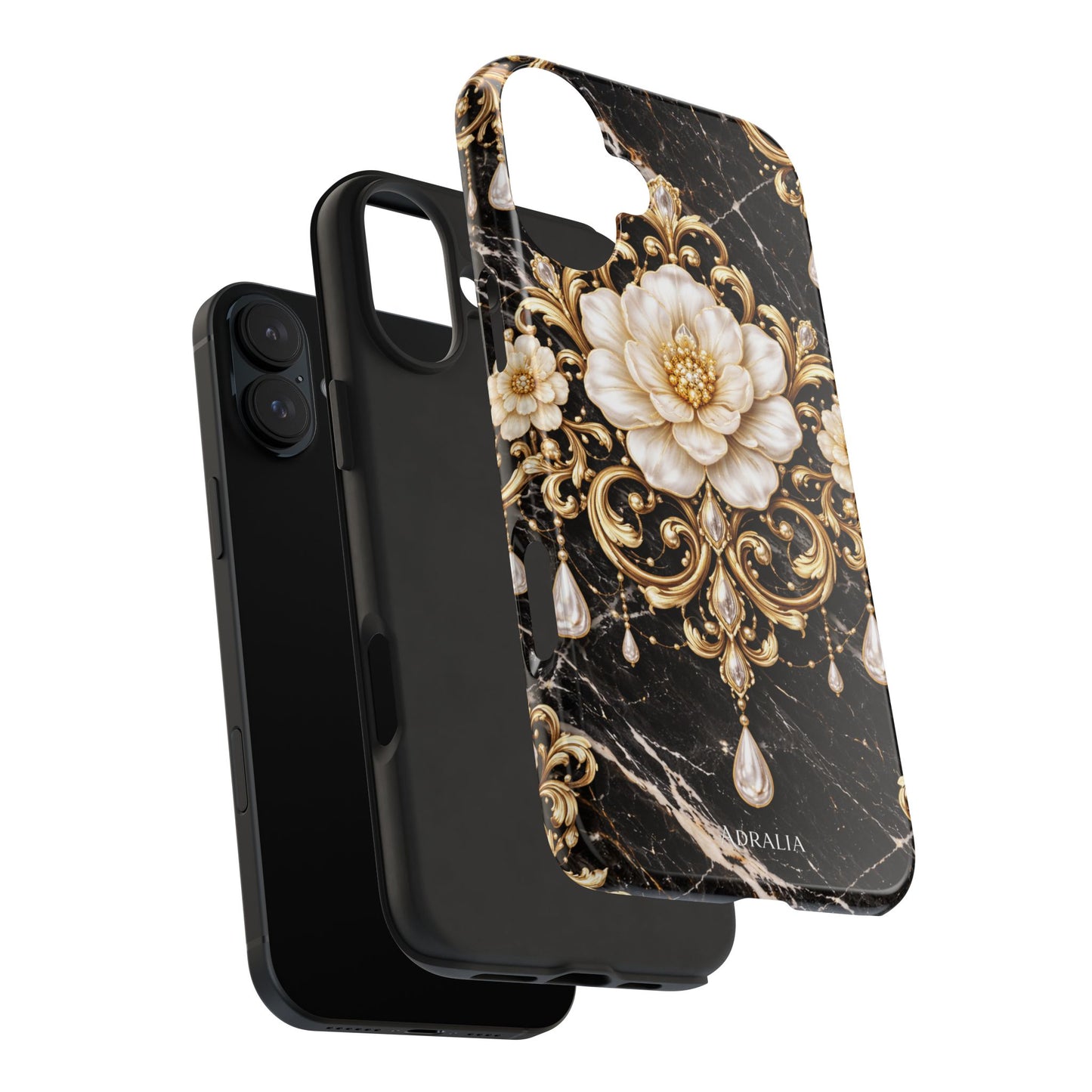 Phone Case — Black Marble Floral Baroque Tough Protective Cover