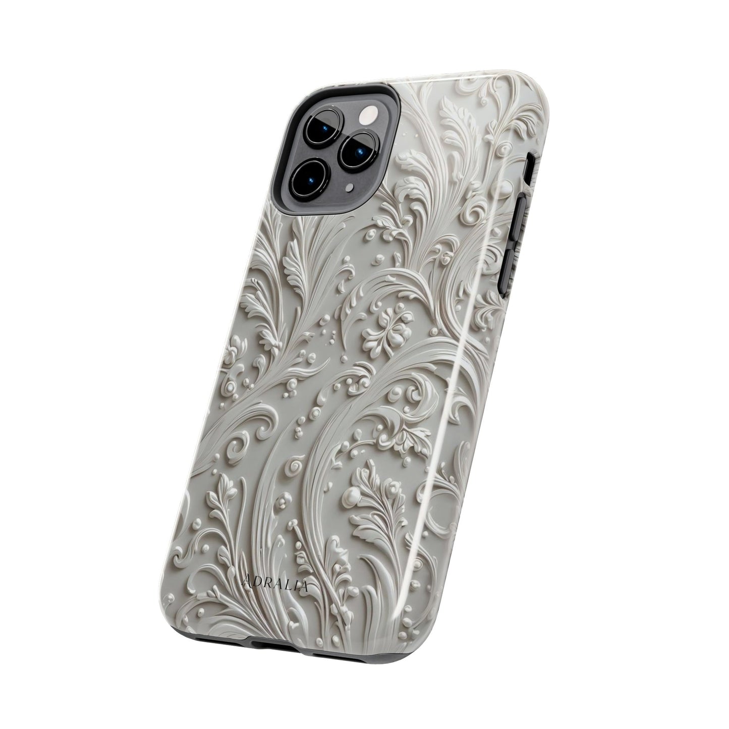 Ornate Baroque Relief Tough Phone Case — Gray Floral Scroll Protective Cover