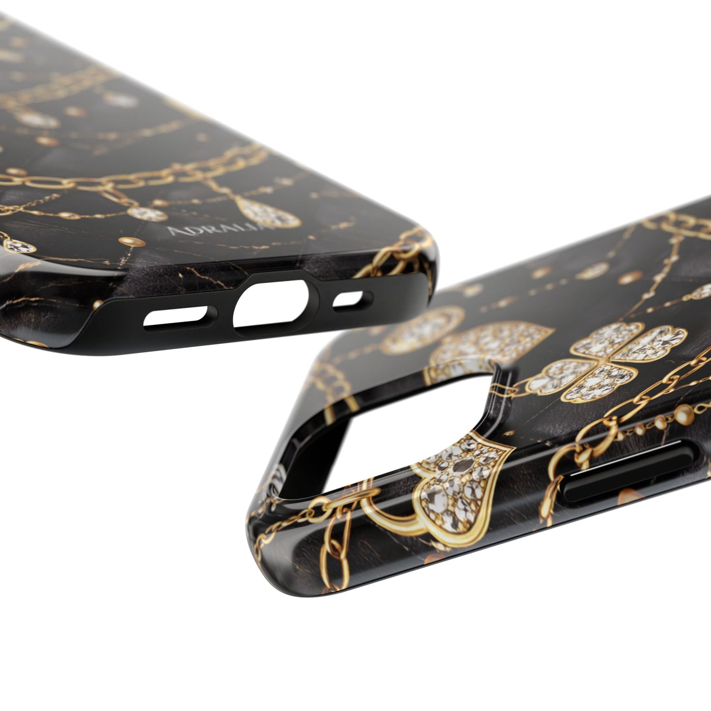 Quilted Black Luxe Phone Case — Gold Chain & Jewel Charm Design