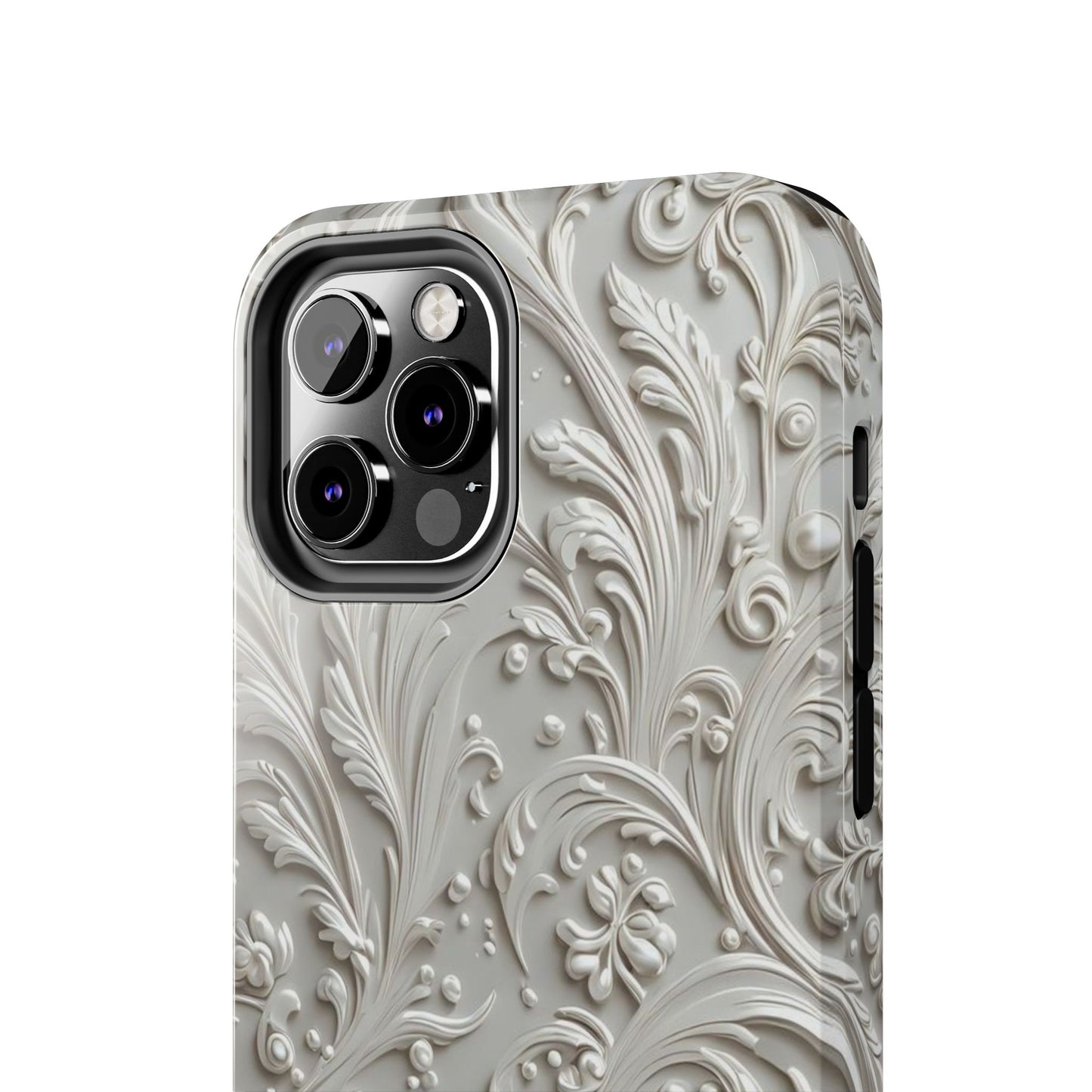 Ornate Baroque Relief Tough Phone Case — Gray Floral Scroll Protective Cover