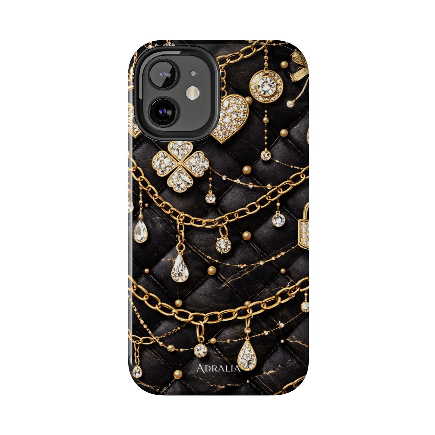 Quilted Black Luxe Phone Case — Gold Chain & Jewel Charm Design