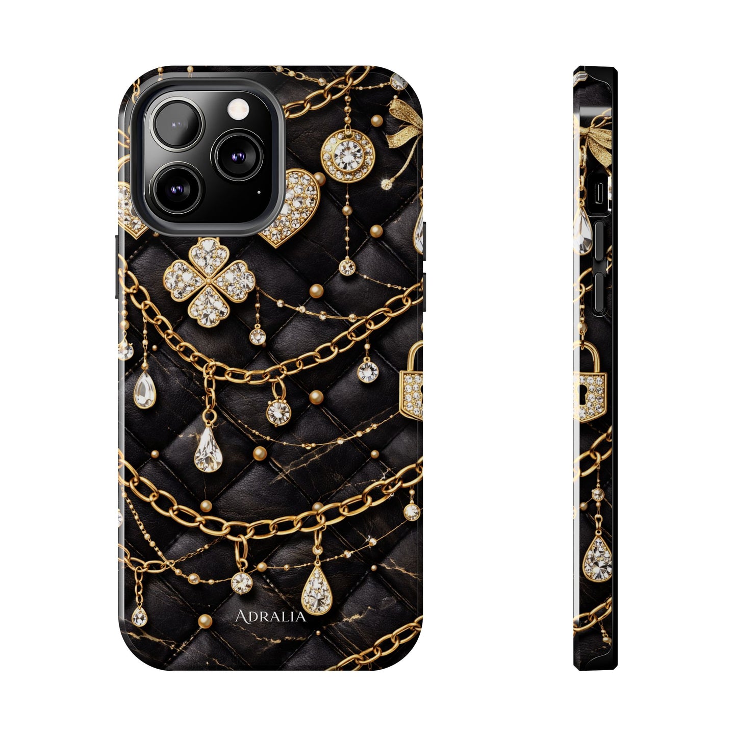 Quilted Black Luxe Phone Case — Gold Chain & Jewel Charm Design