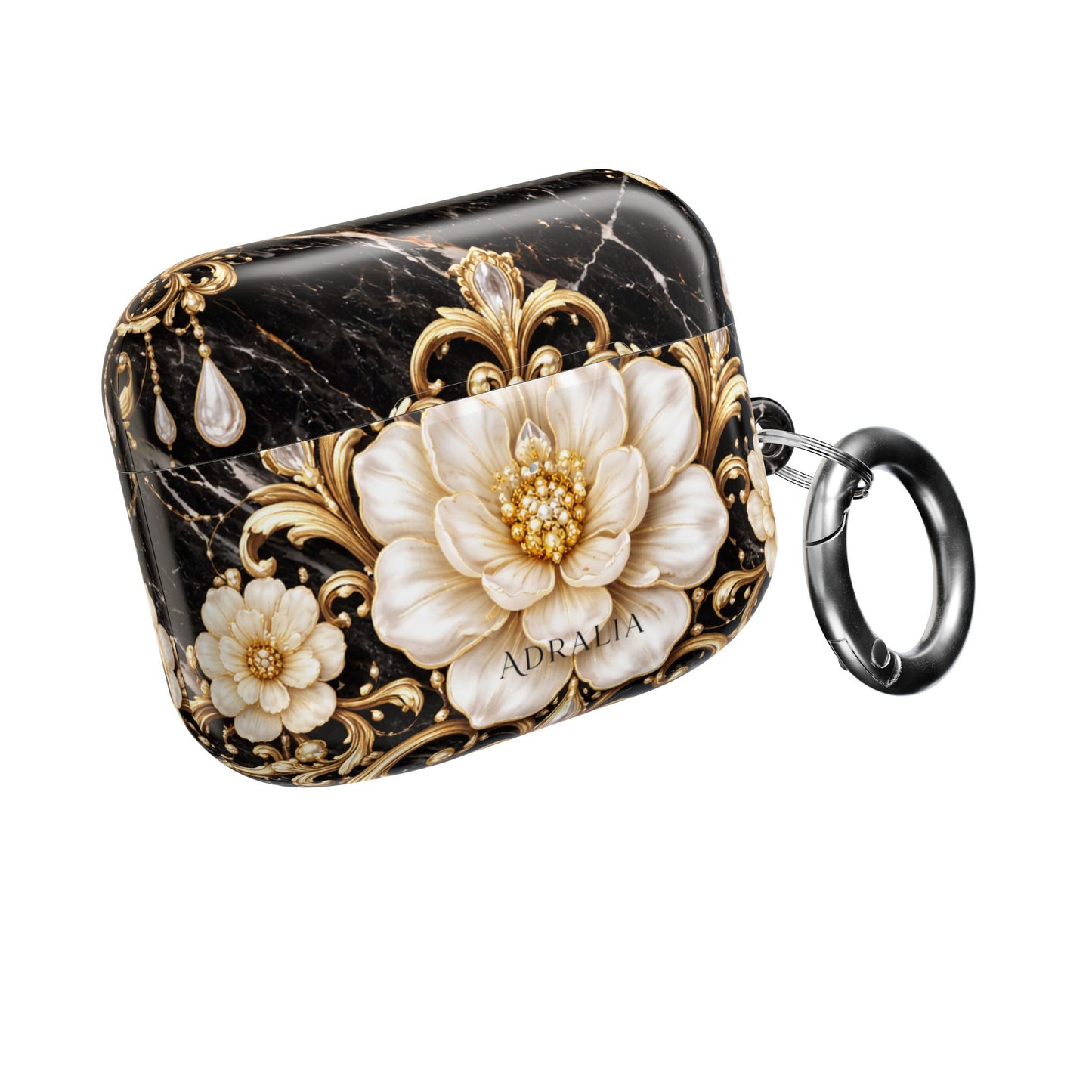 Floral Baroque AirPod Case — Black Marble Gold Flower Protective Cover