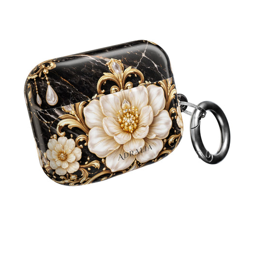 Floral Baroque AirPod Case — Black Marble Gold Flower Protective Cover
