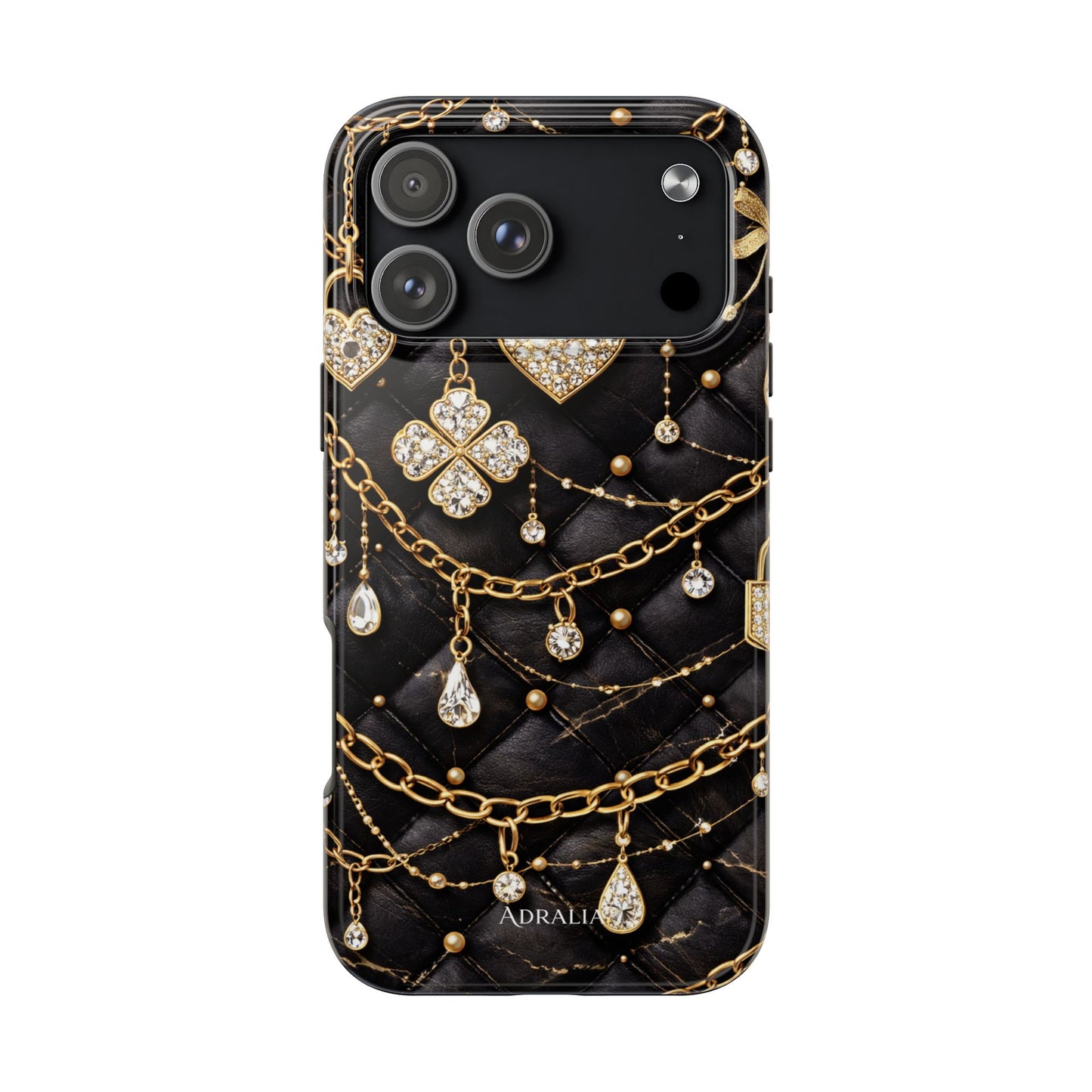 Quilted Black Luxe Phone Case — Gold Chain & Jewel Charm Design