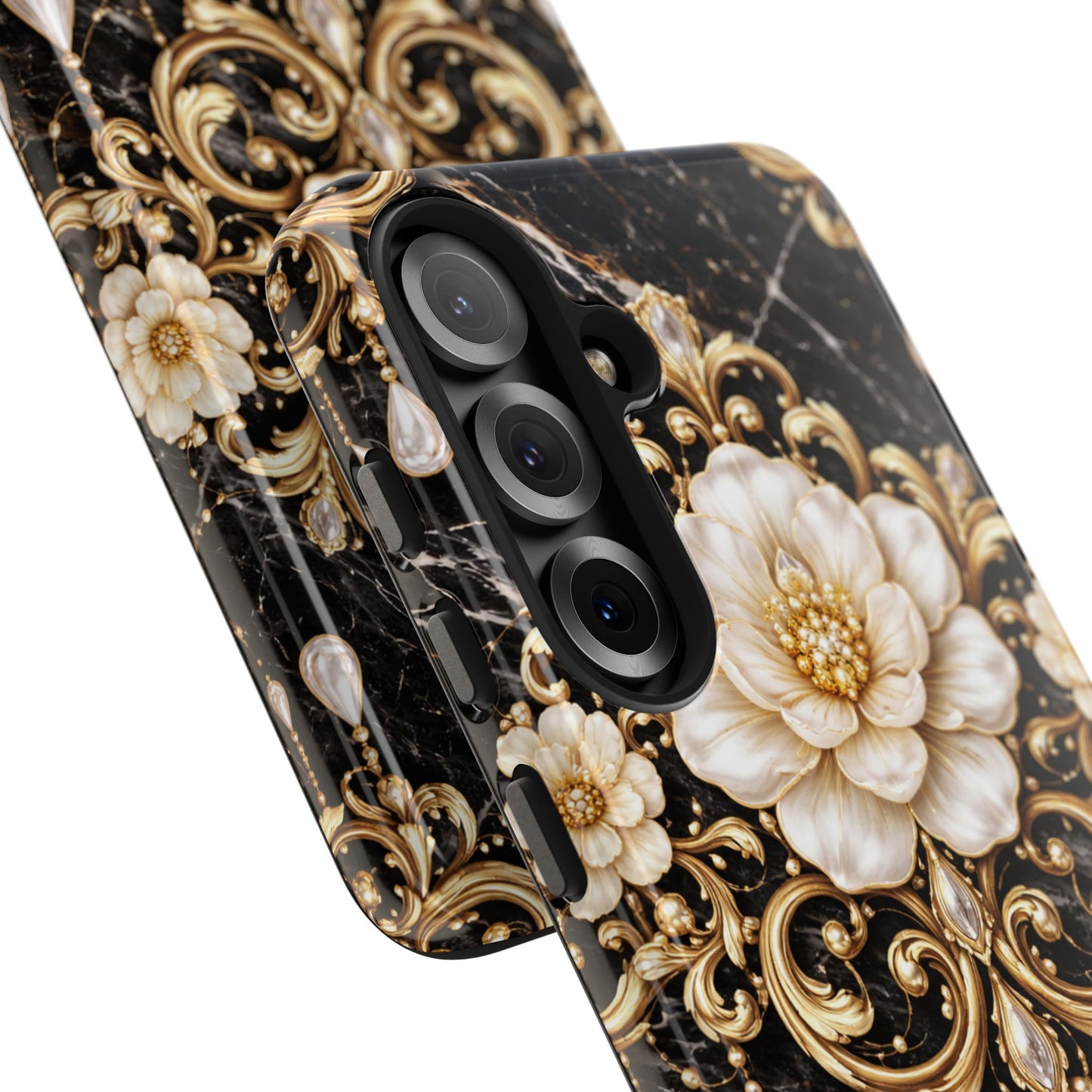 Phone Case — Black Marble Floral Baroque Tough Protective Cover