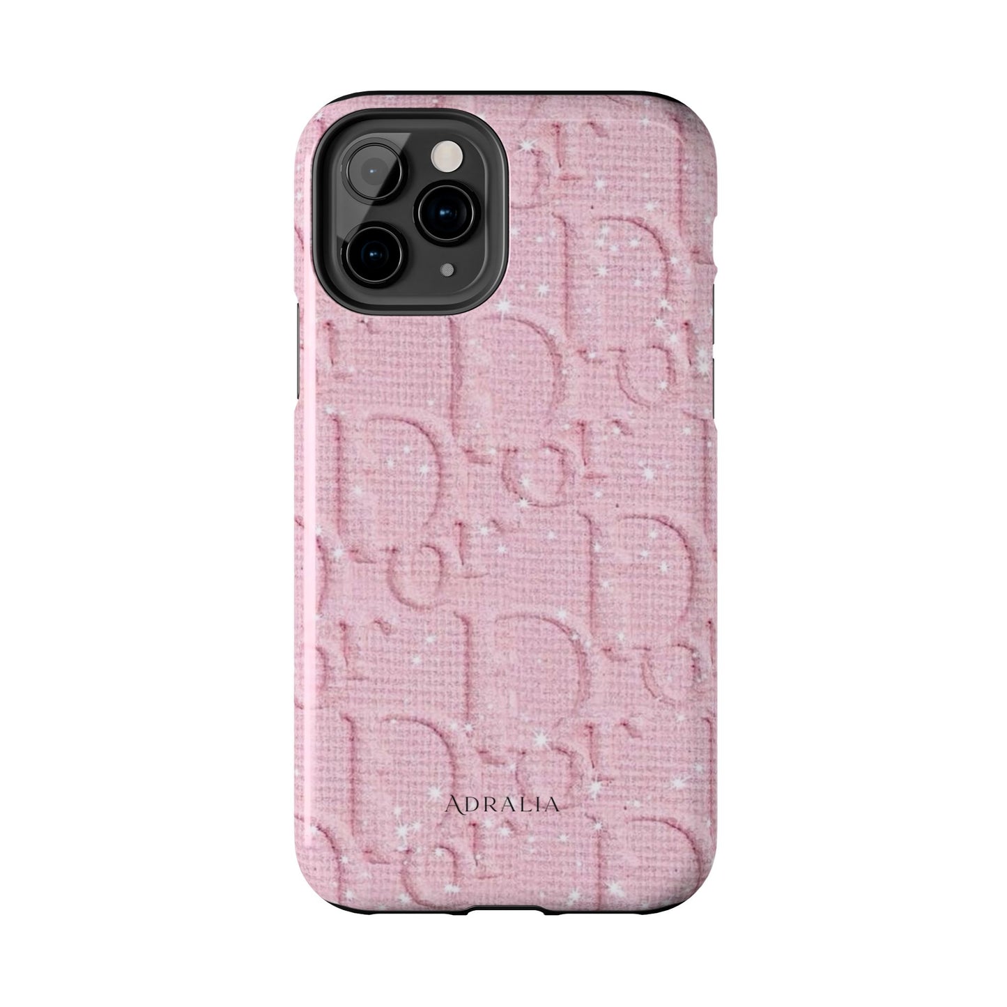Pink Embossed Tough Phone Case – 'Adralia' Glitter Monogram Protective Cover