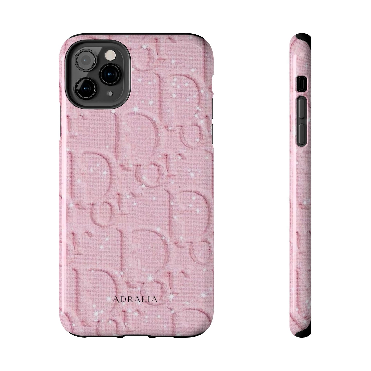 Pink Embossed Tough Phone Case – 'Adralia' Glitter Monogram Protective Cover