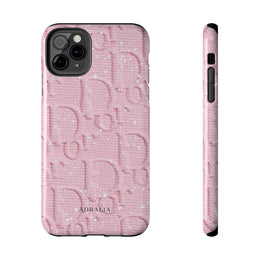 Pink Embossed Tough Phone Case – 'Adralia' Glitter Monogram Protective Cover