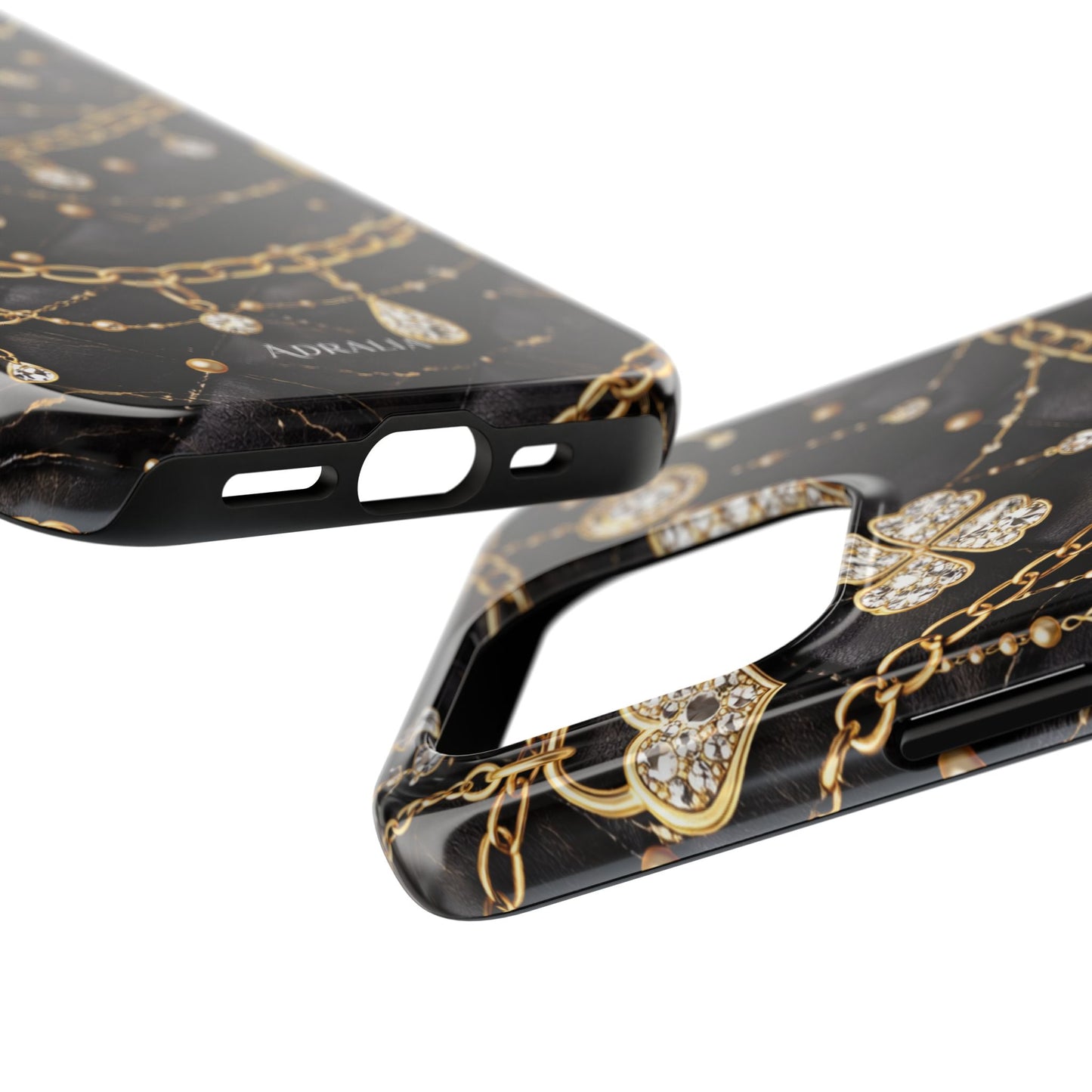 Quilted Black Luxe Phone Case — Gold Chain & Jewel Charm Design