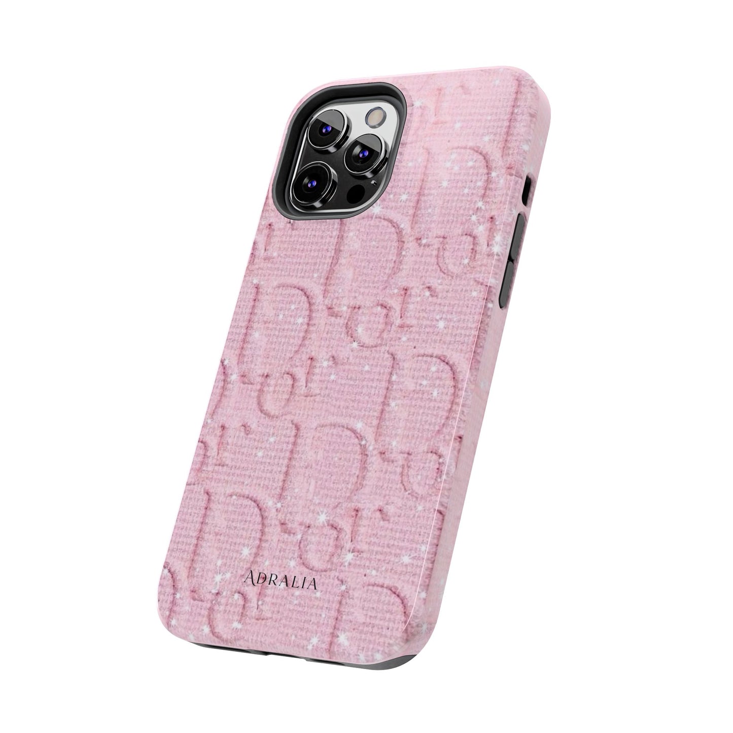 Pink Embossed Tough Phone Case – 'Adralia' Glitter Monogram Protective Cover