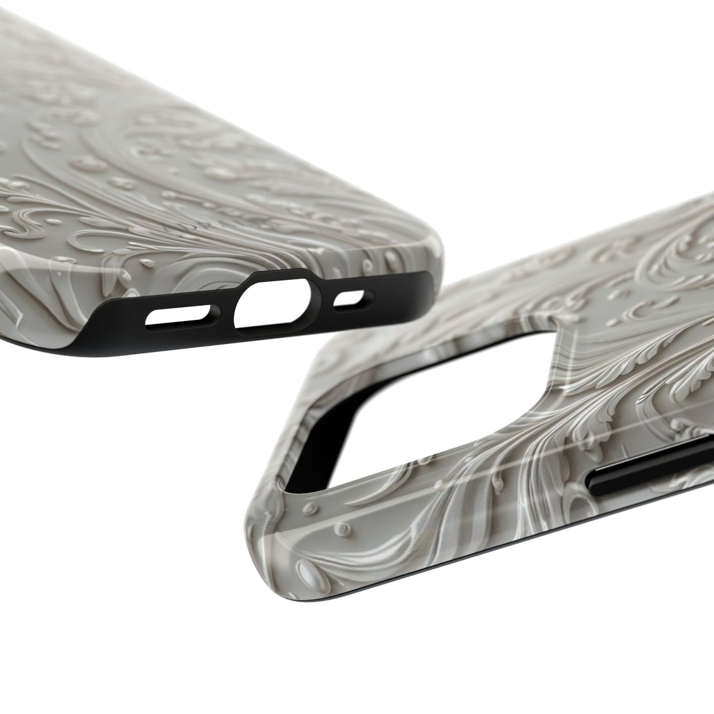 Ornate Baroque Relief Tough Phone Case — Gray Floral Scroll Protective Cover