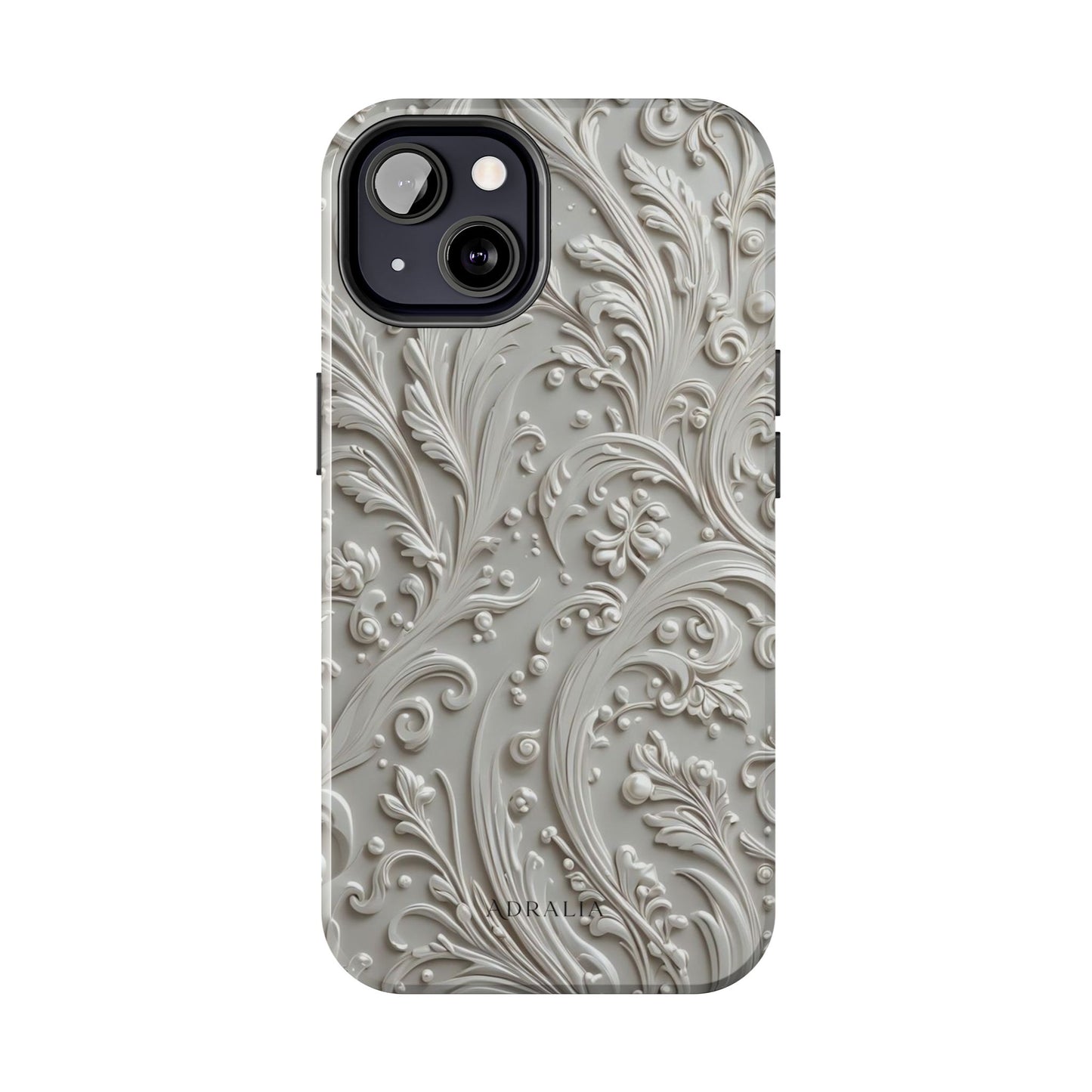Ornate Baroque Relief Tough Phone Case — Gray Floral Scroll Protective Cover