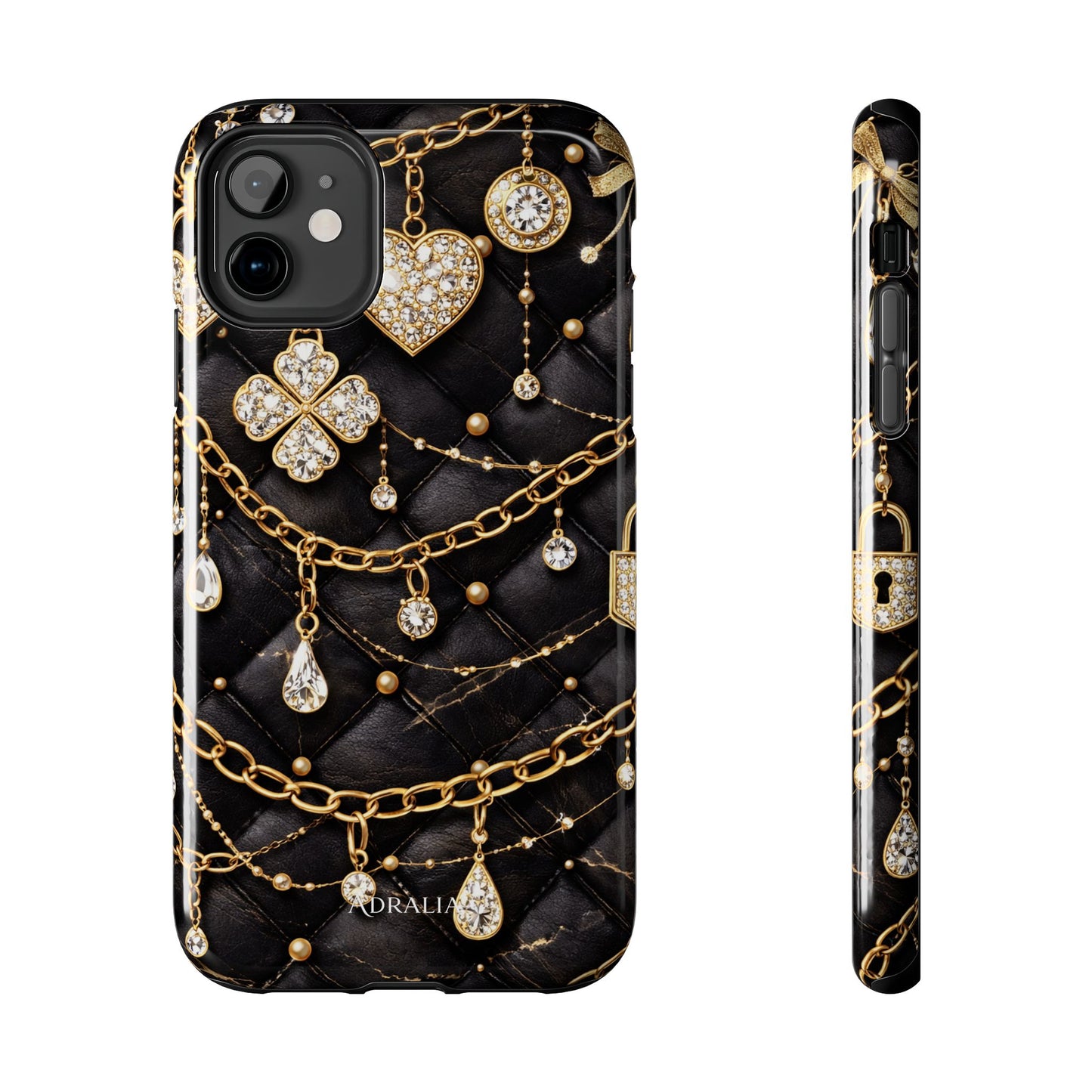 Quilted Black Luxe Phone Case — Gold Chain & Jewel Charm Design
