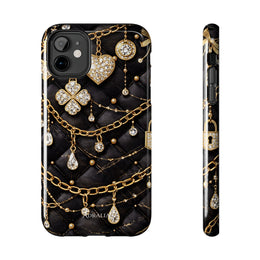 Quilted Black Luxe Phone Case — Gold Chain & Jewel Charm Design