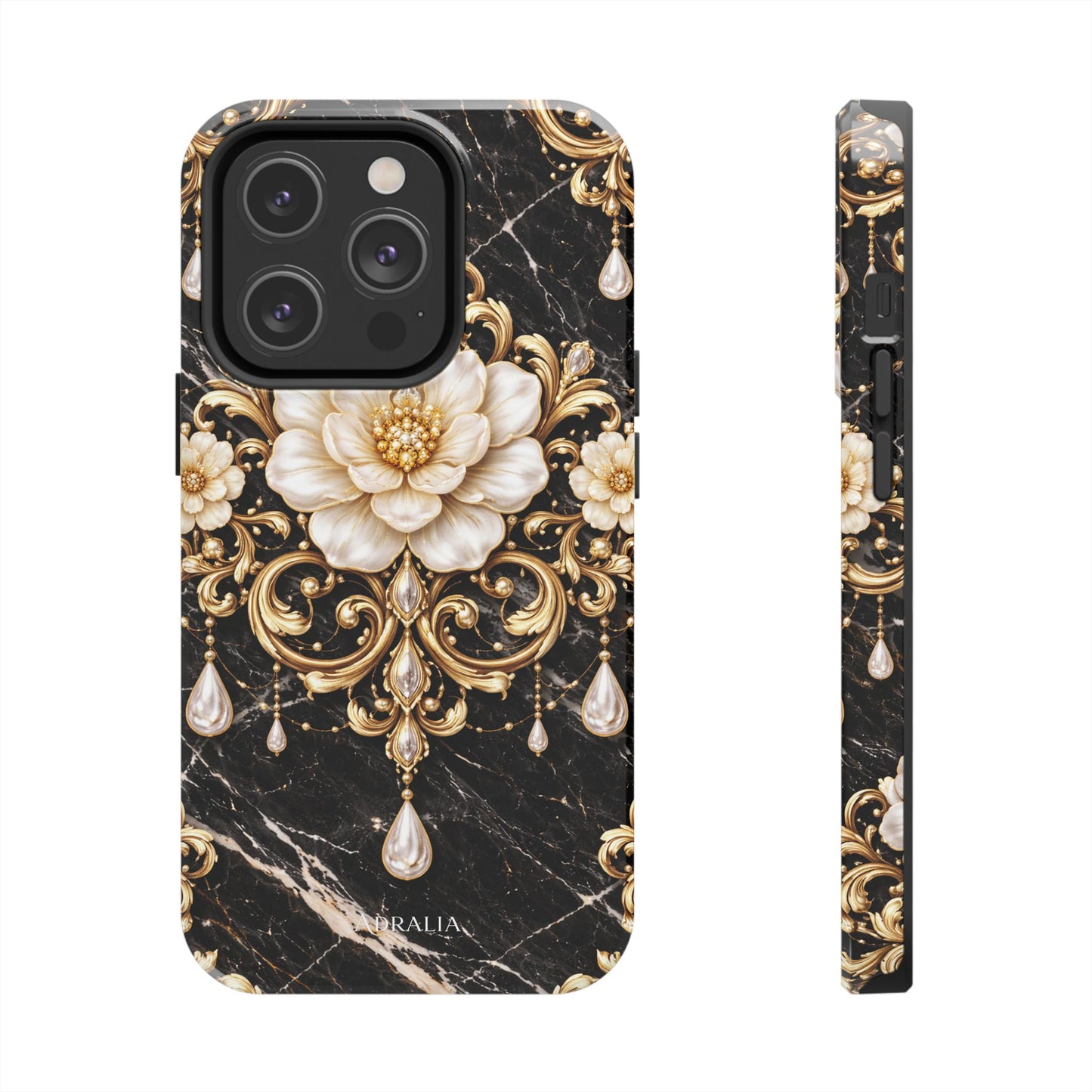 Phone Case — Black Marble Floral Baroque Tough Protective Cover