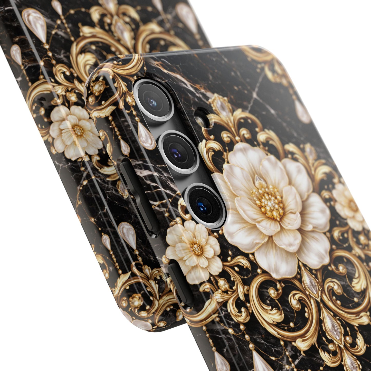 Phone Case — Black Marble Floral Baroque Tough Protective Cover