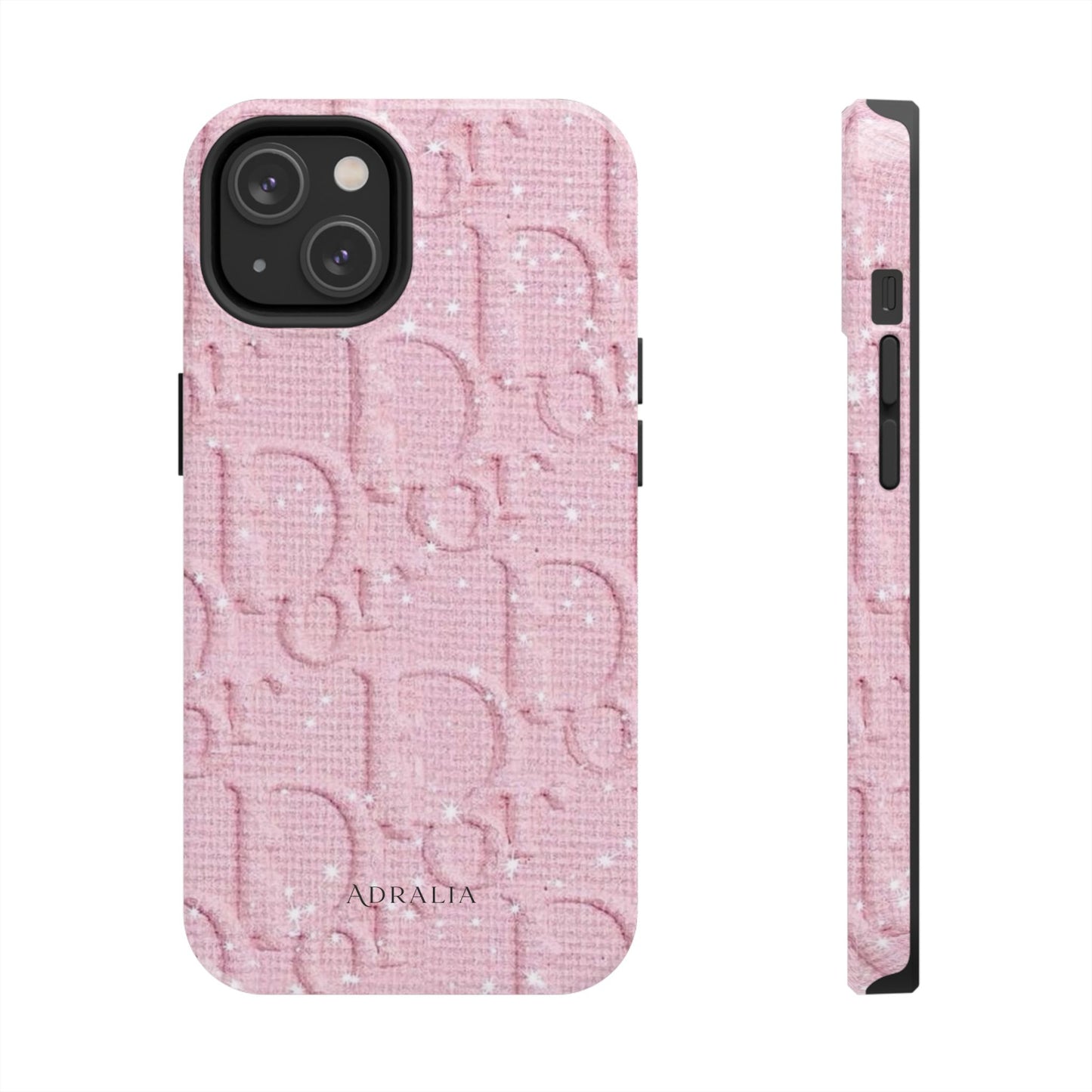 Pink Embossed Tough Phone Case – 'Adralia' Glitter Monogram Protective Cover