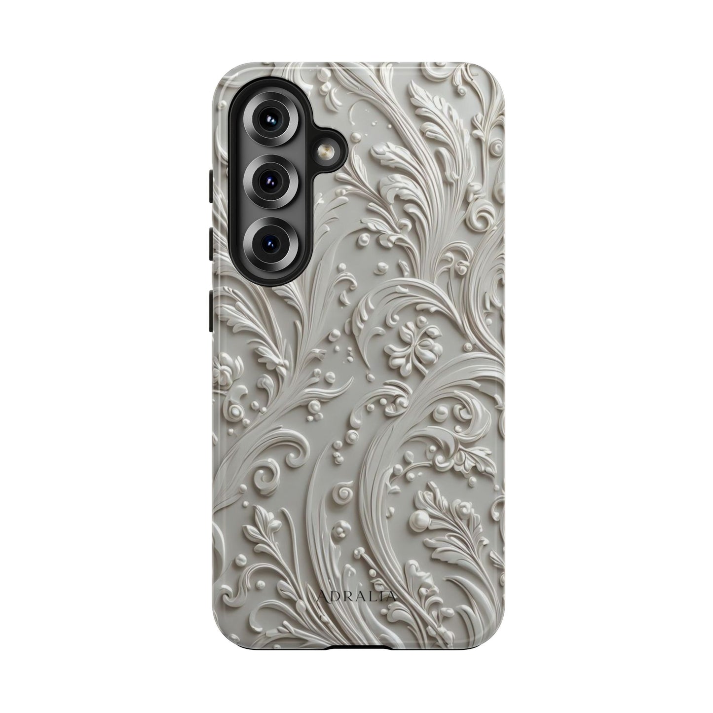 Ornate Baroque Relief Tough Phone Case — Gray Floral Scroll Protective Cover