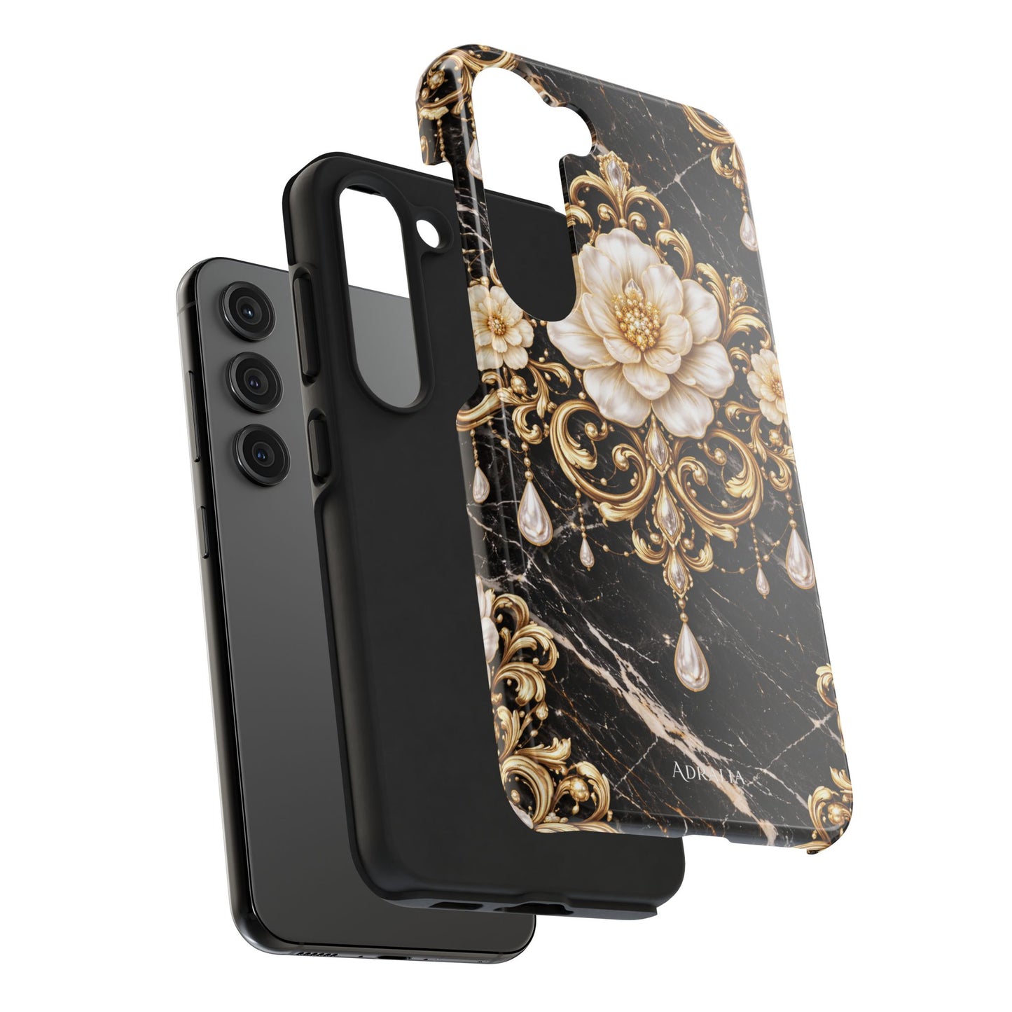 Phone Case — Black Marble Floral Baroque Tough Protective Cover