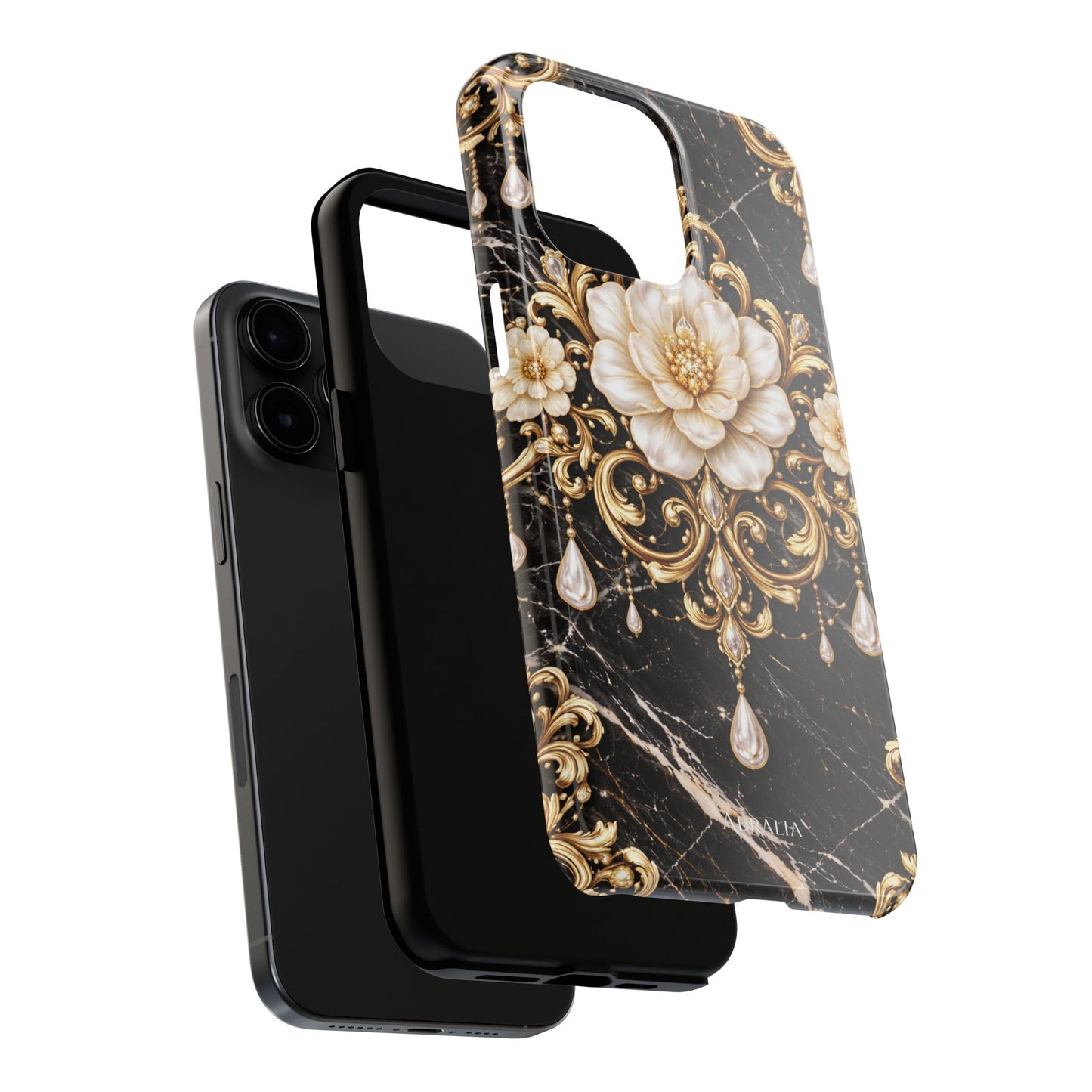 Phone Case — Black Marble Floral Baroque Tough Protective Cover