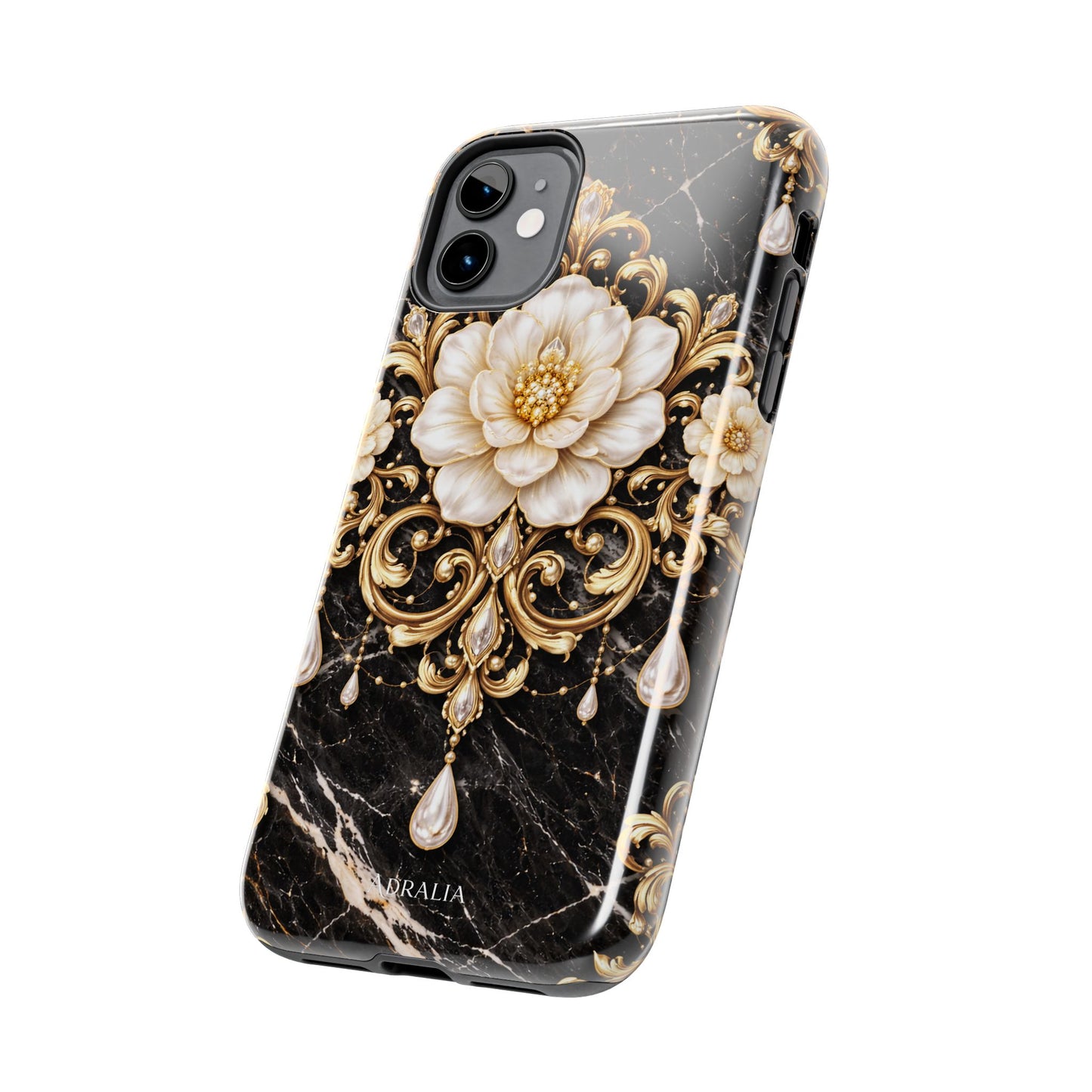 Phone Case — Black Marble Floral Baroque Tough Protective Cover