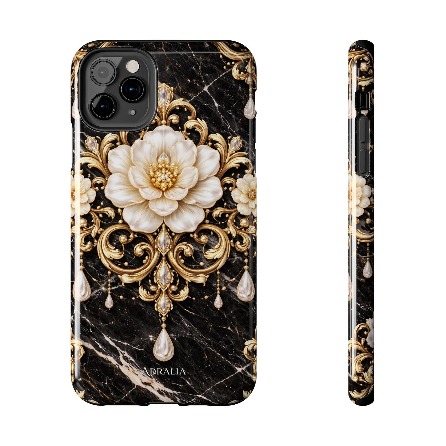 Phone Case — Black Marble Floral Baroque Tough Protective Cover