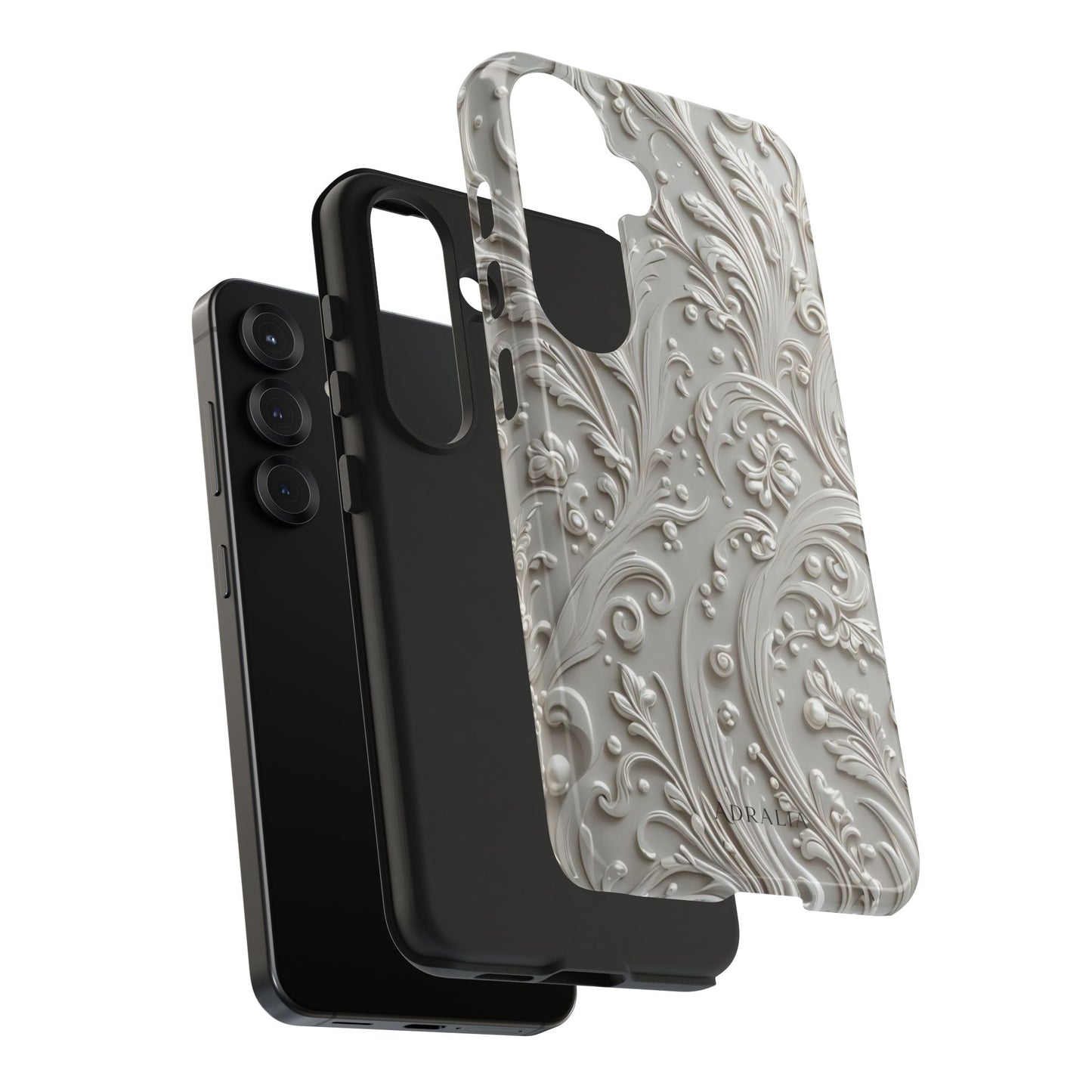 Ornate Baroque Relief Tough Phone Case — Gray Floral Scroll Protective Cover