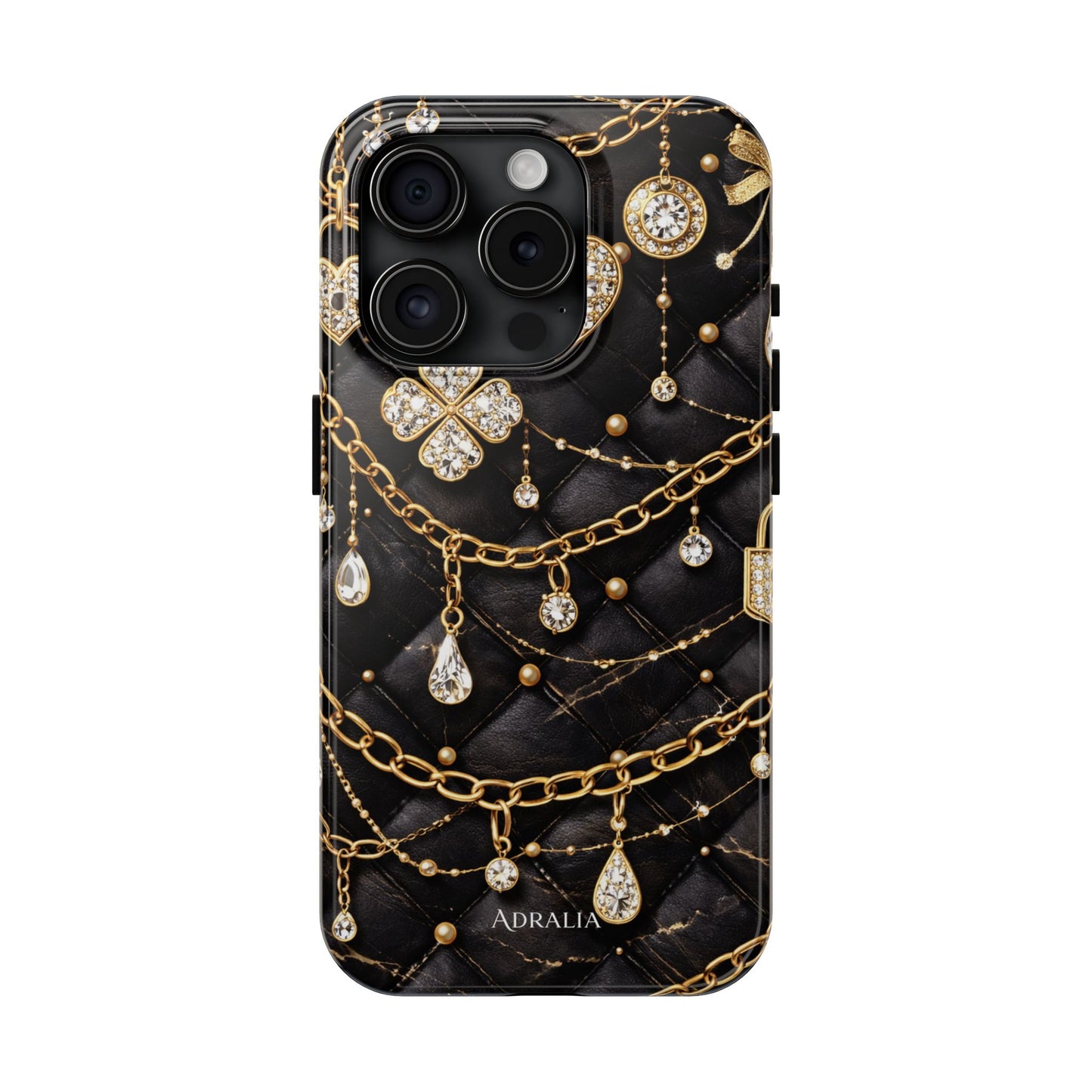 Quilted Black Luxe Phone Case — Gold Chain & Jewel Charm Design