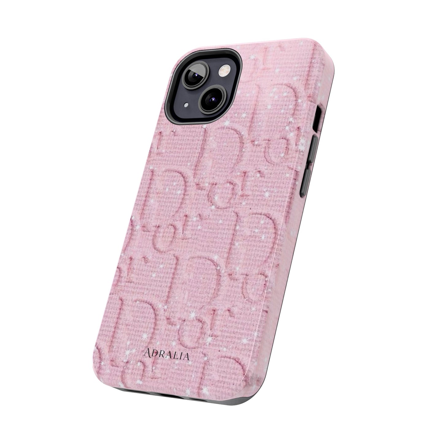 Pink Embossed Tough Phone Case – 'Adralia' Glitter Monogram Protective Cover